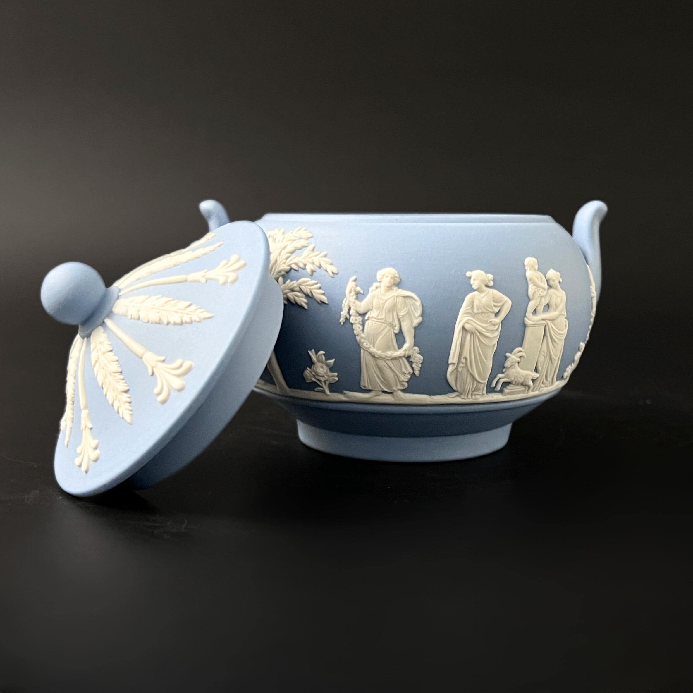 Vintage Wedgwood Blue Jasperware Sugar Bowl: Neoclassical Relief, Made in England