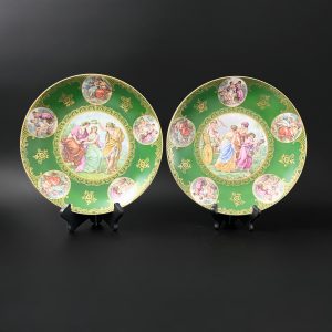 Vintage Mitterteich Bavaria Porcelain Plates: Neoclassical Green & Gold, Set of Two