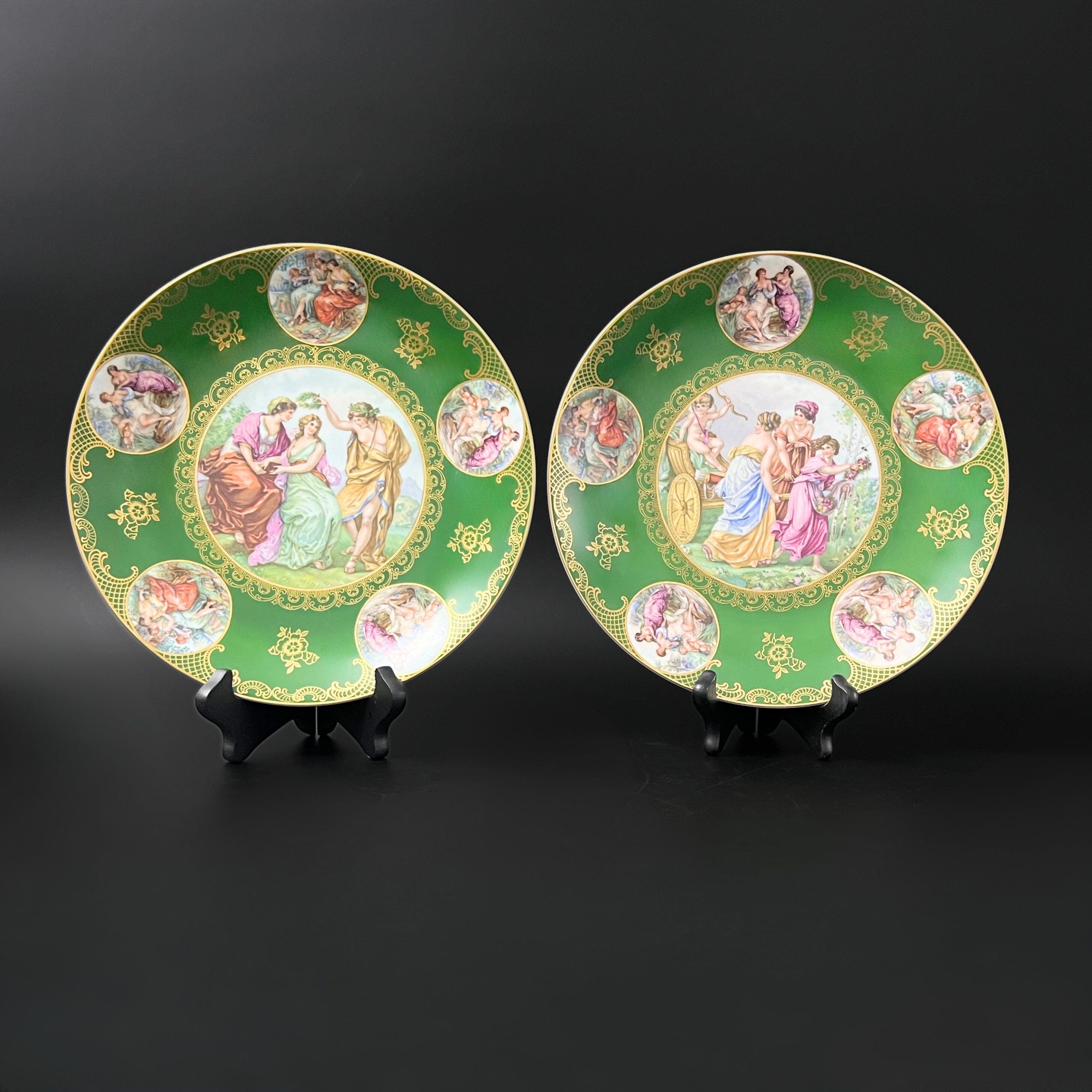 Vintage Mitterteich Bavaria Porcelain Plates: Neoclassical Green & Gold, Set of Two
