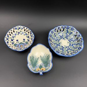 Vintage W.R. Unikat Polish Pottery Bowls: Blue Floral Stoneware