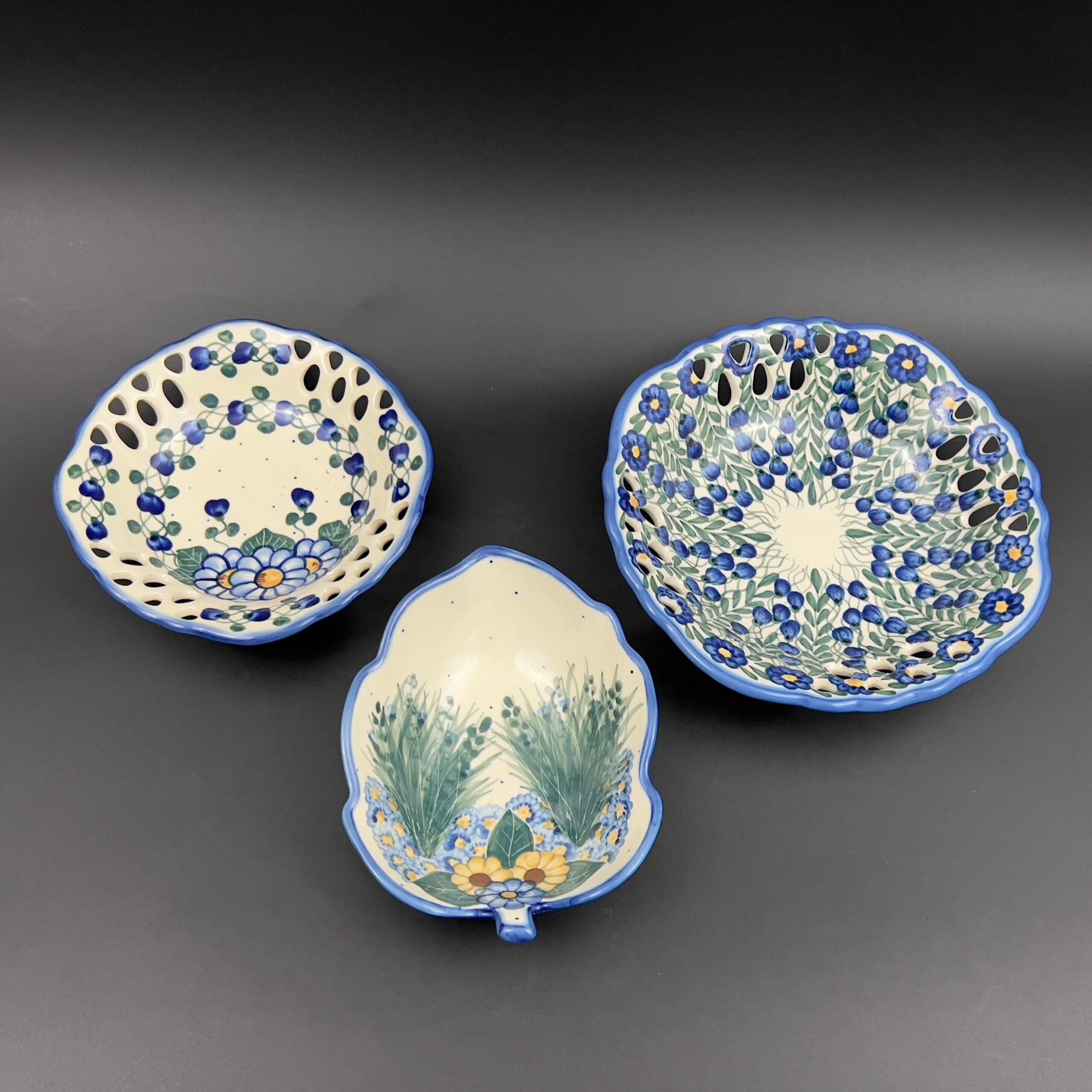 Vintage W.R. Unikat Polish Pottery Bowls: Blue Floral Stoneware