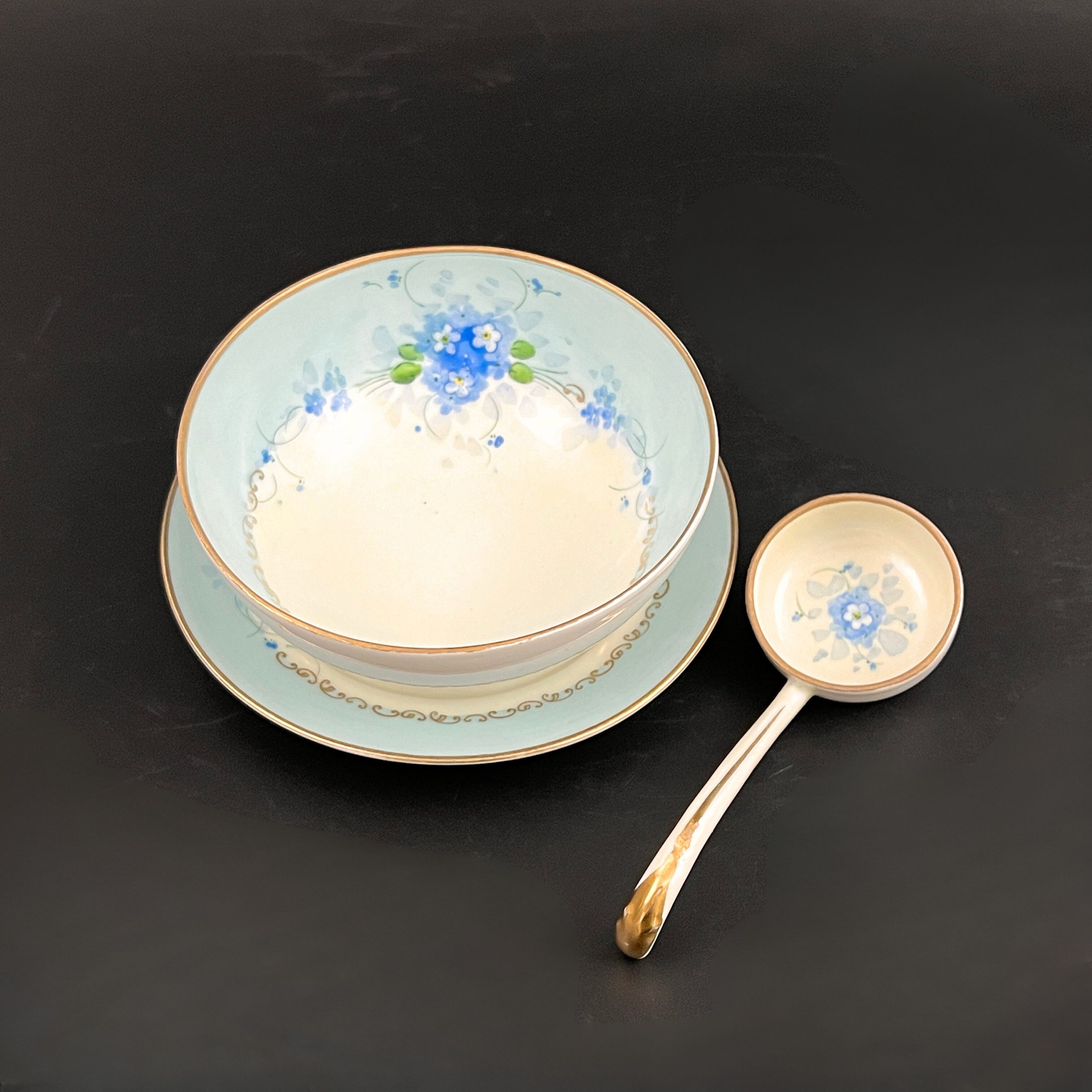 Antique Meito Porcelain Condiment Set: Hand-Painted Floral Bowl, Saucer, Spoon - Image 4