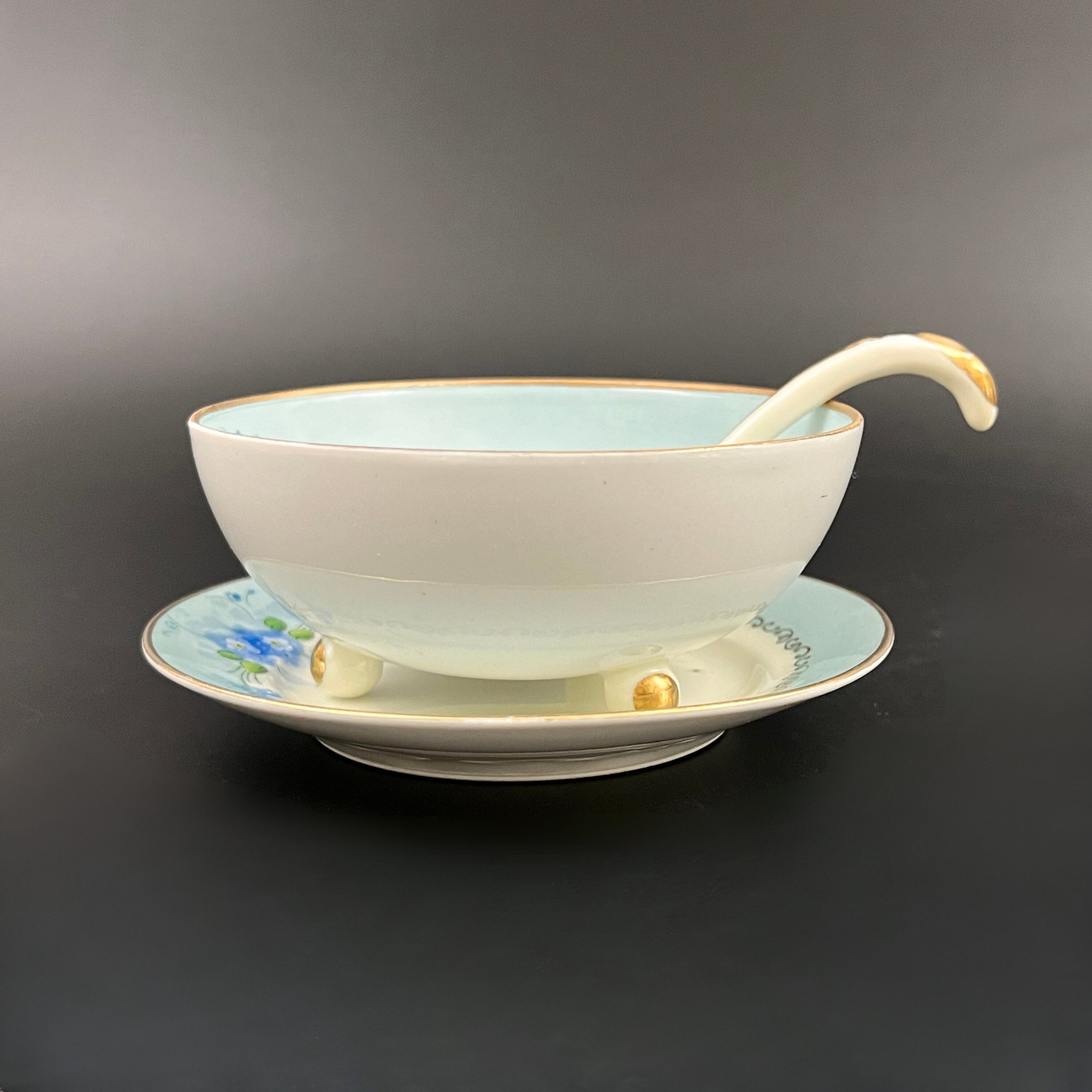 Antique Meito Porcelain Condiment Set: Hand-Painted Floral Bowl, Saucer, Spoon - Image 9