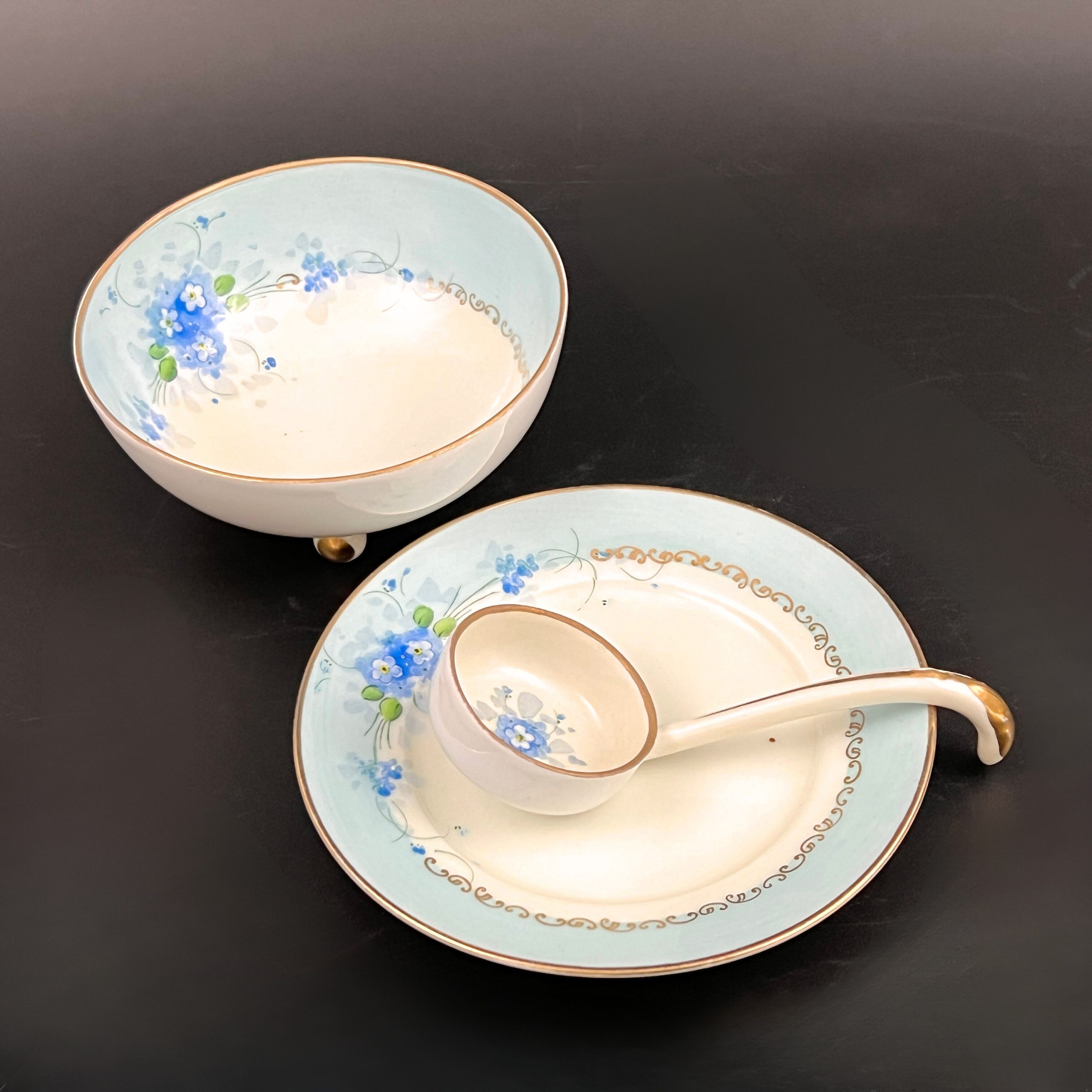 Antique Meito Porcelain Condiment Set: Hand-Painted Floral Bowl, Saucer, Spoon - Image 5