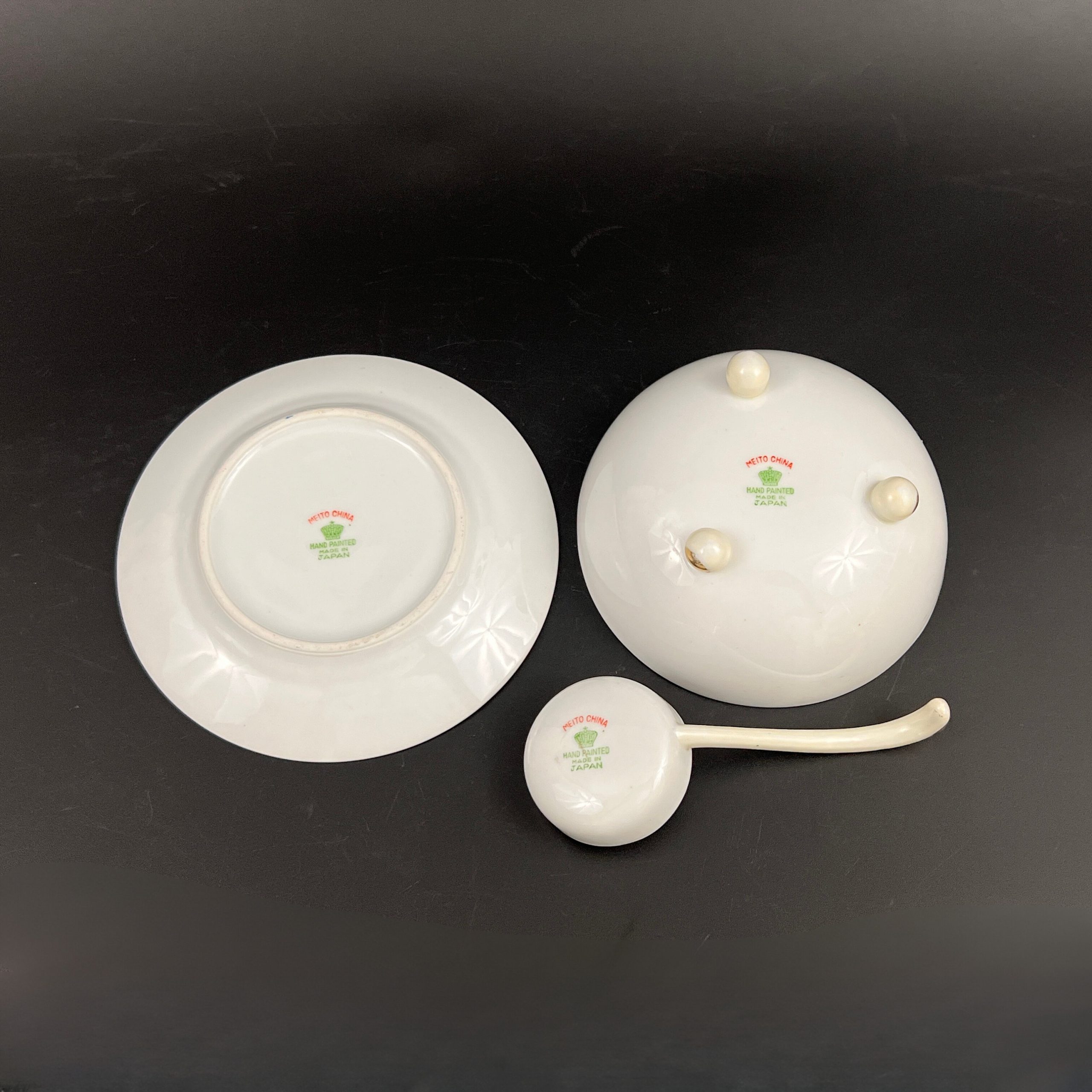 Antique Meito Porcelain Condiment Set: Hand-Painted Floral Bowl, Saucer, Spoon - Image 10