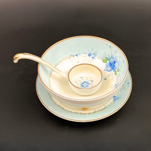 Antique Meito Porcelain Condiment Set: Hand-Painted Floral Bowl, Saucer, Spoon