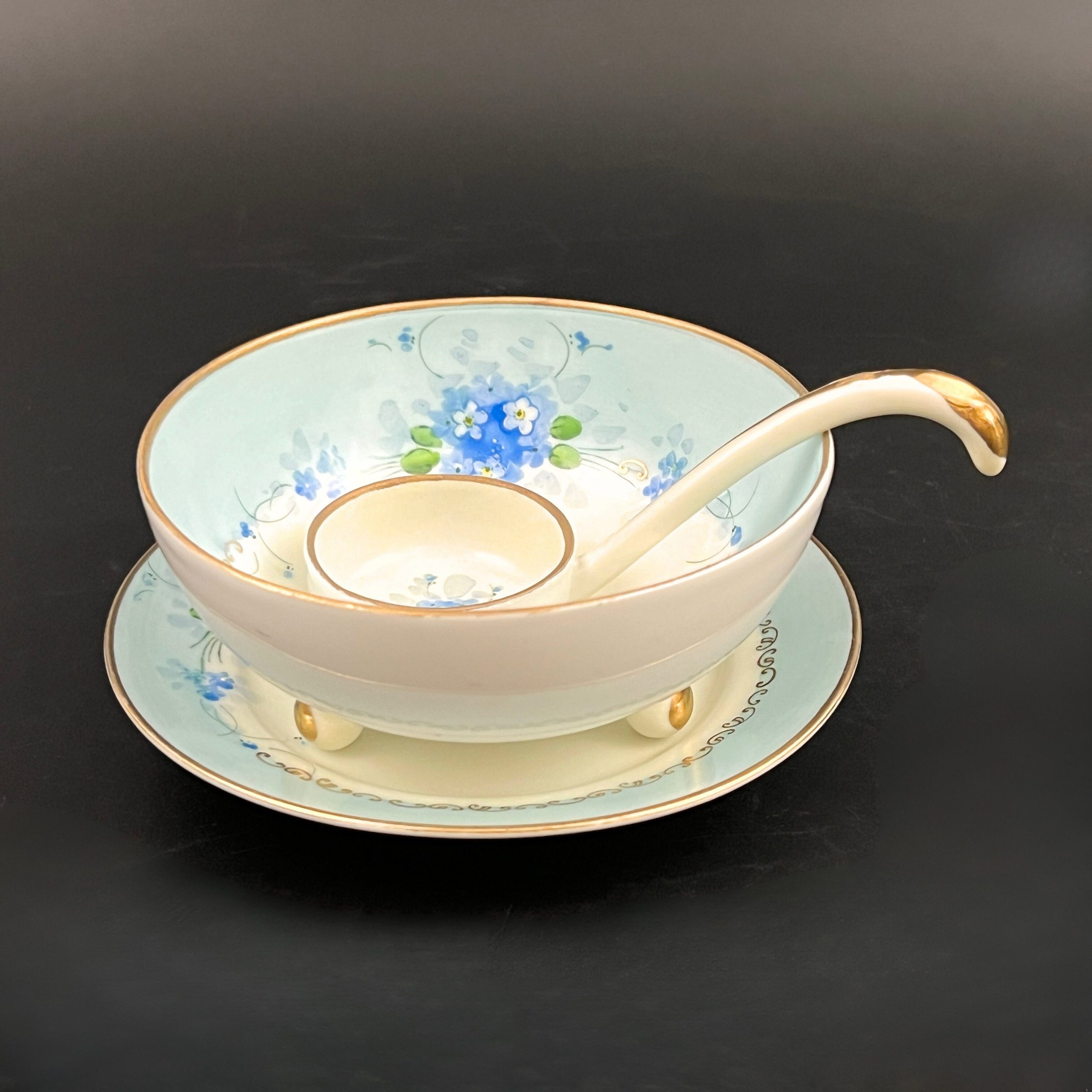 Antique Meito Porcelain Condiment Set: Hand-Painted Floral Bowl, Saucer, Spoon - Image 6