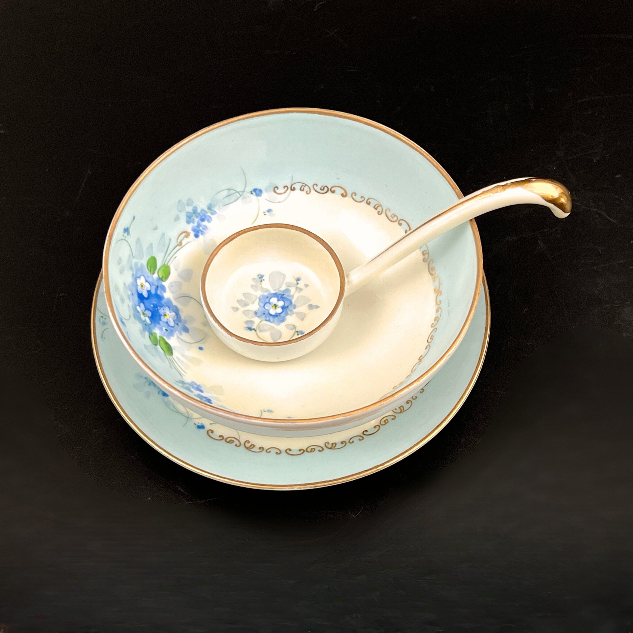 Antique Meito Porcelain Condiment Set: Hand-Painted Floral Bowl, Saucer, Spoon - Image 3