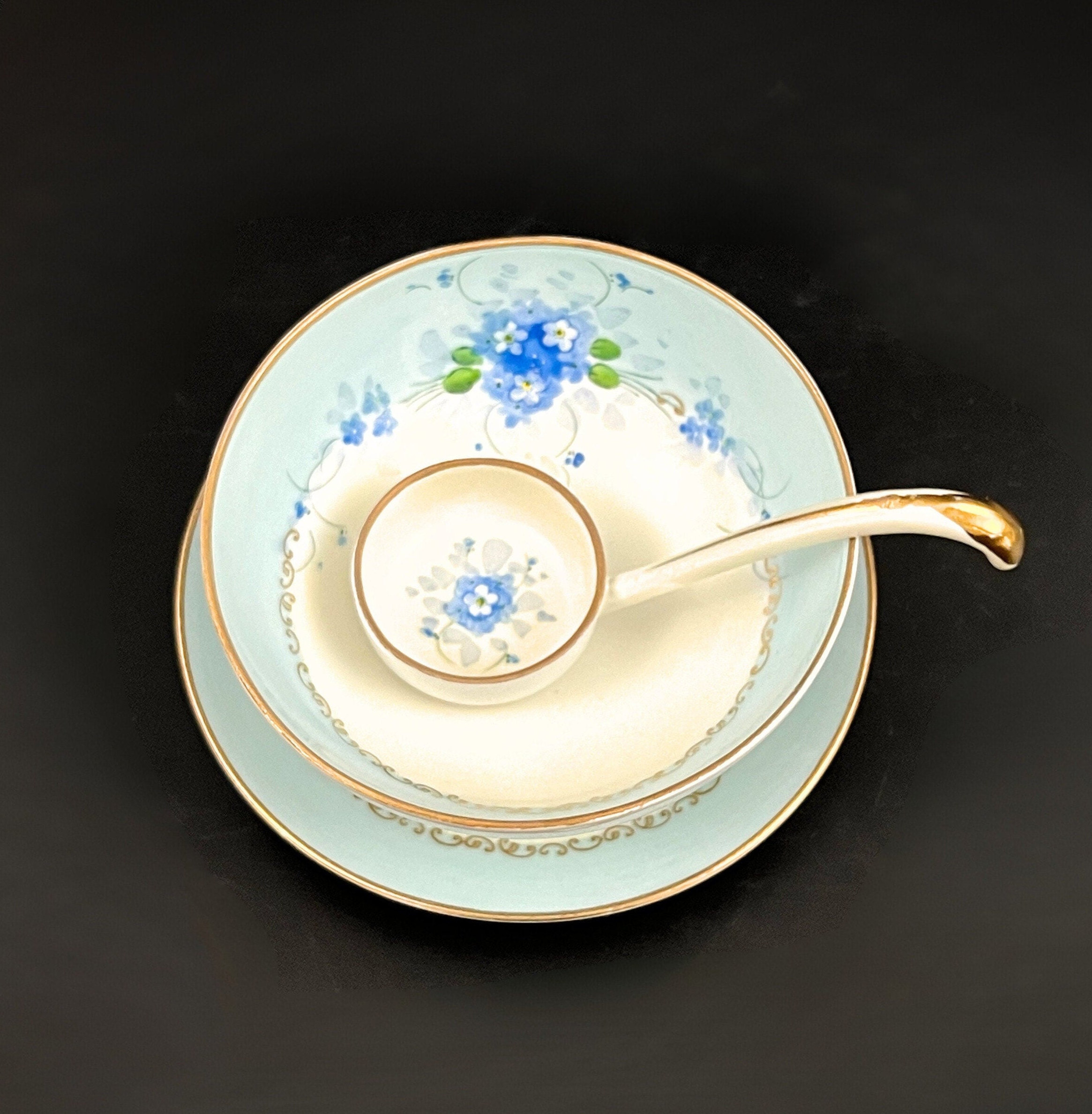 Antique Meito Porcelain Condiment Set: Hand-Painted Floral Bowl, Saucer, Spoon - Image 7