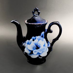 Vintage KT Japan Cobalt Blue Tea Pot: Hand-Sprayed Lotus Flower