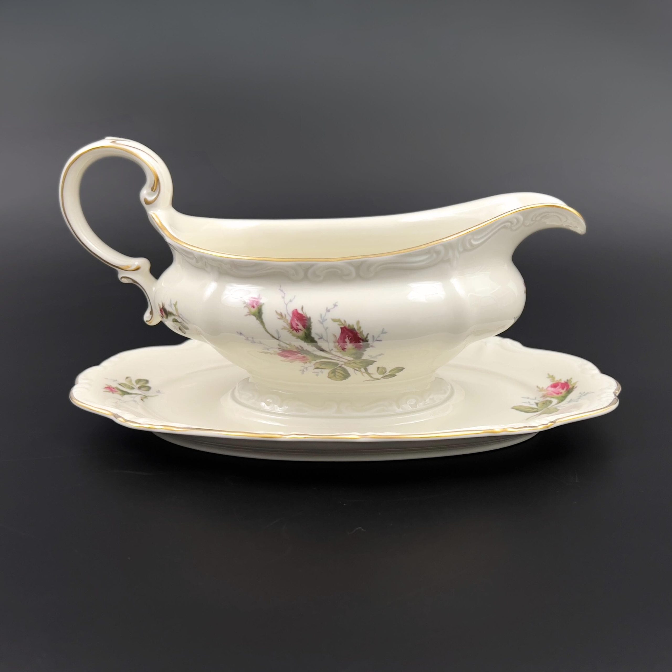 Vintage Rosenthal Moss Rose Gravy Boat with Attached Underplate