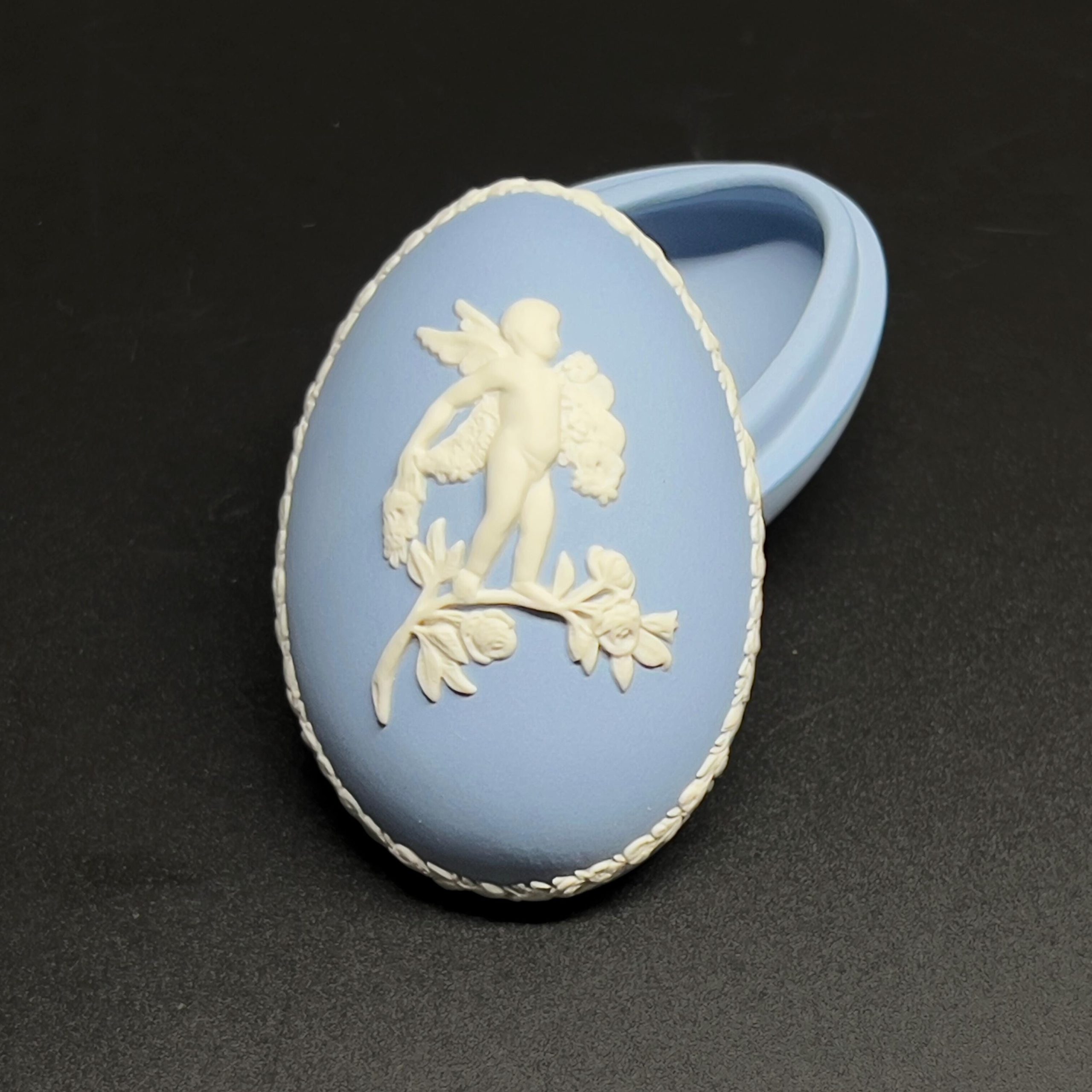 Vintage Wedgwood Blue Jasperware Egg Trinket Box: Cupid & Rose
