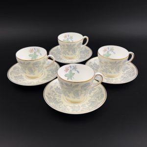 Vintage Wedgwood Wildflower Teacups & Saucers, Set of 4, Ivory Floral, Gold Trim
