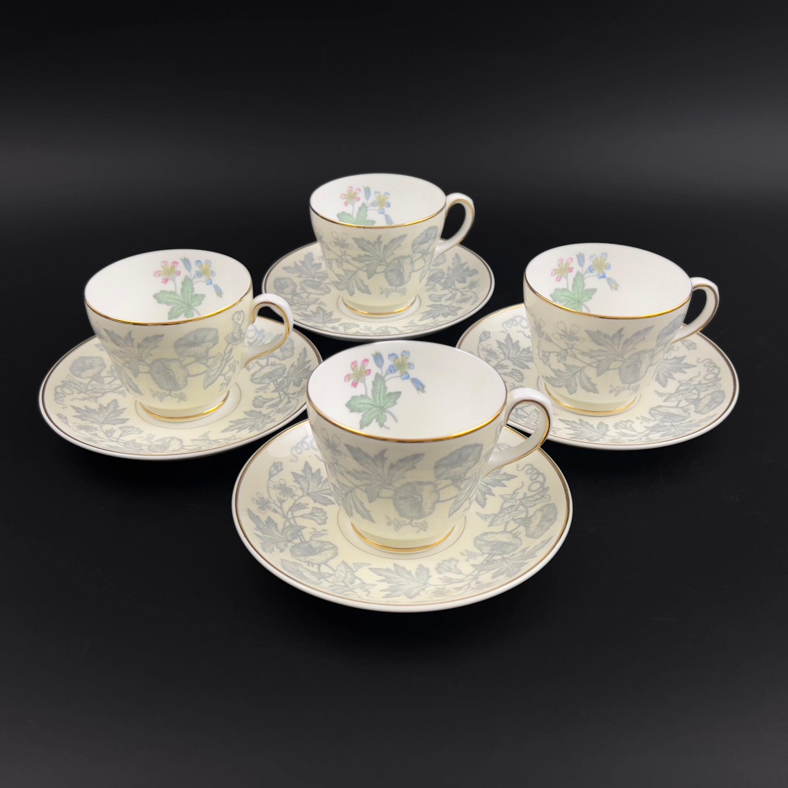 Vintage Wedgwood Wildflower Teacups & Saucers, Set of 4, Ivory Floral, Gold Trim