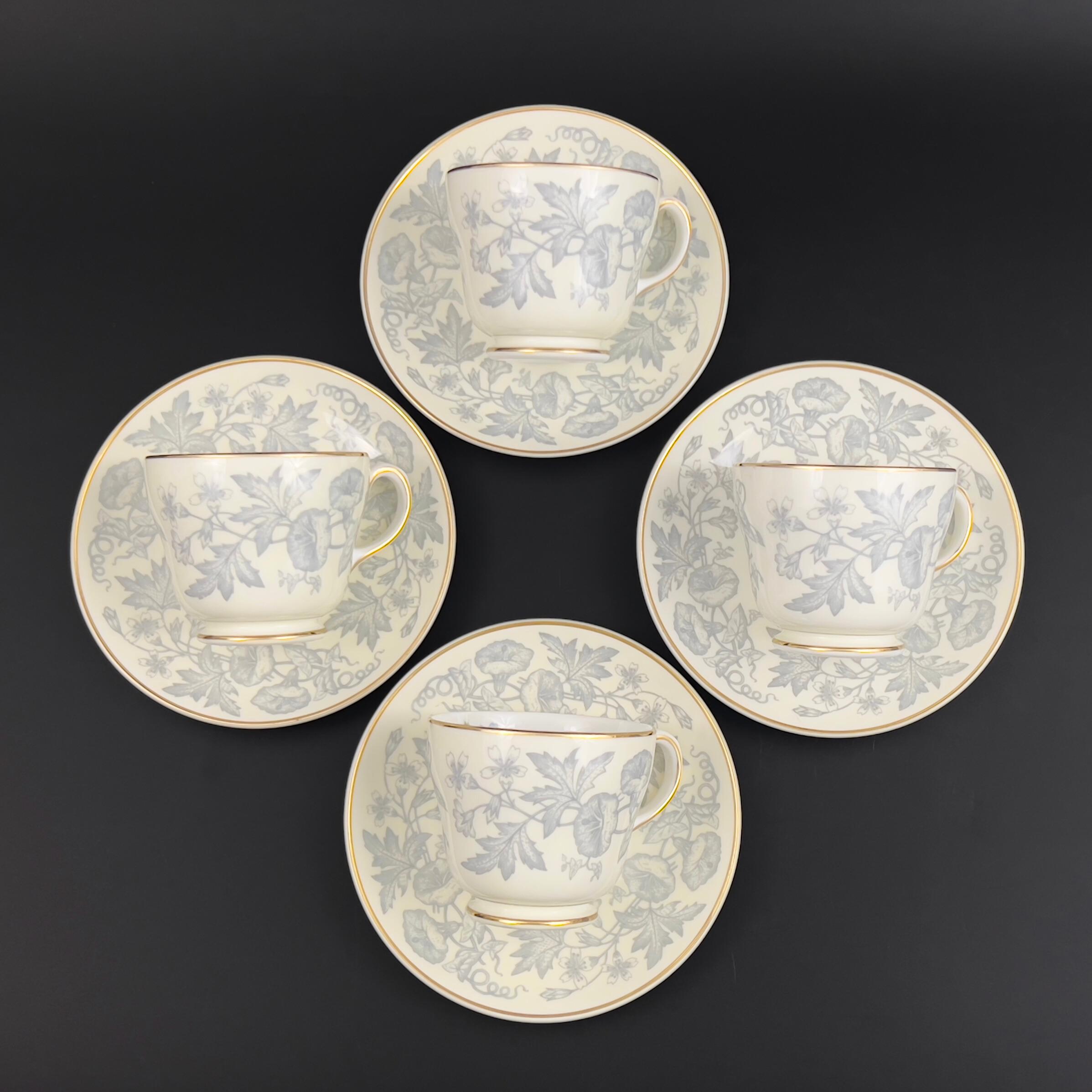 Vintage Wedgwood Wildflower Teacups & Saucers, Set of 4, Ivory Floral, Gold Trim - Image 3