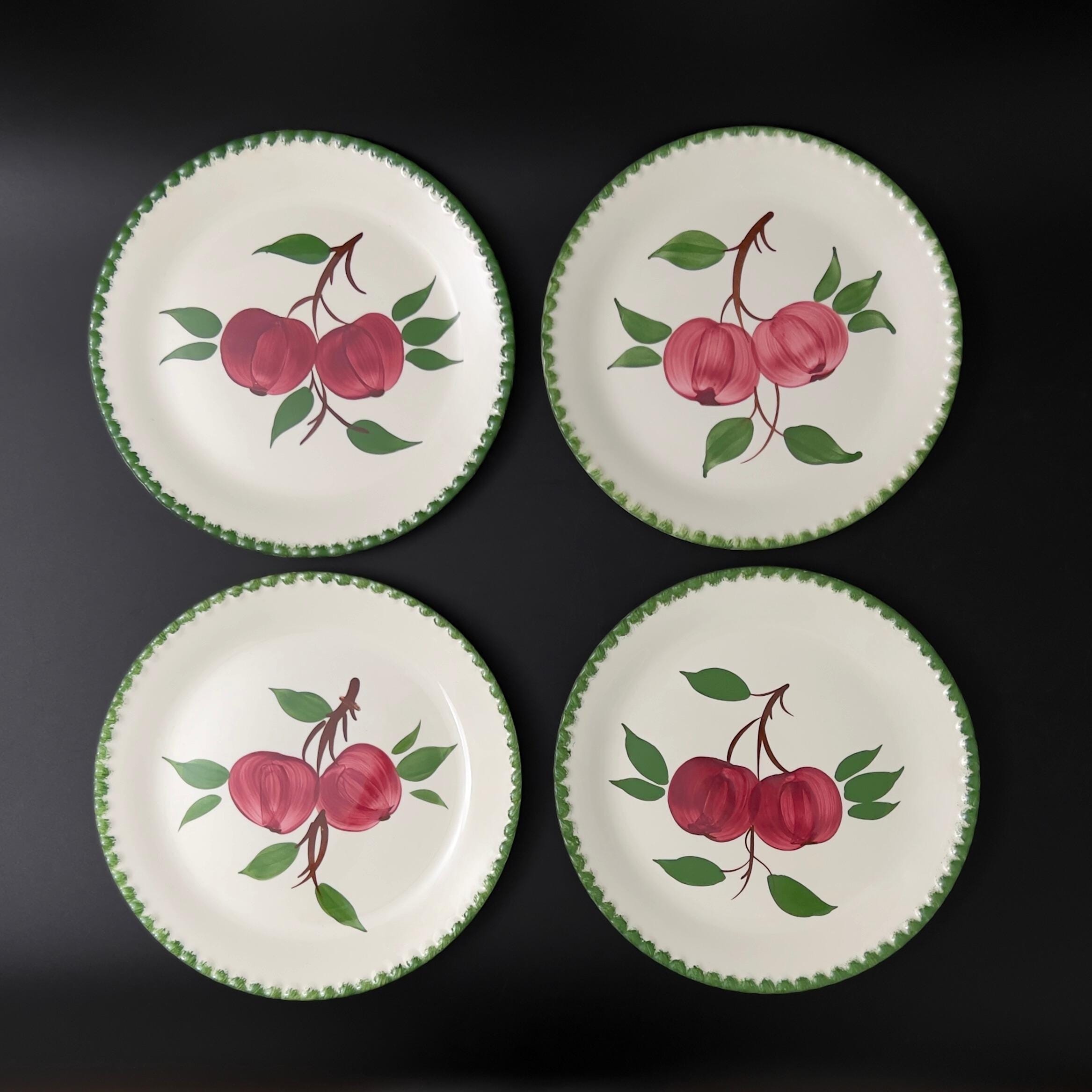 Blue Ridge Quaker Apple Plates: 1940s Folk Art Luncheon Plates, Set of 4
