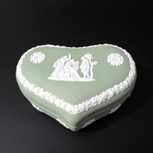 Vintage Wedgwood Green Jasperware Heart Trinket Box: Maiden with Harp, 1960s