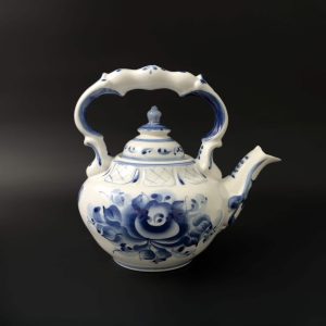 Vintage Gzhel Porcelain Teapot: Hand-Painted Cobalt Blue Rose, Signed