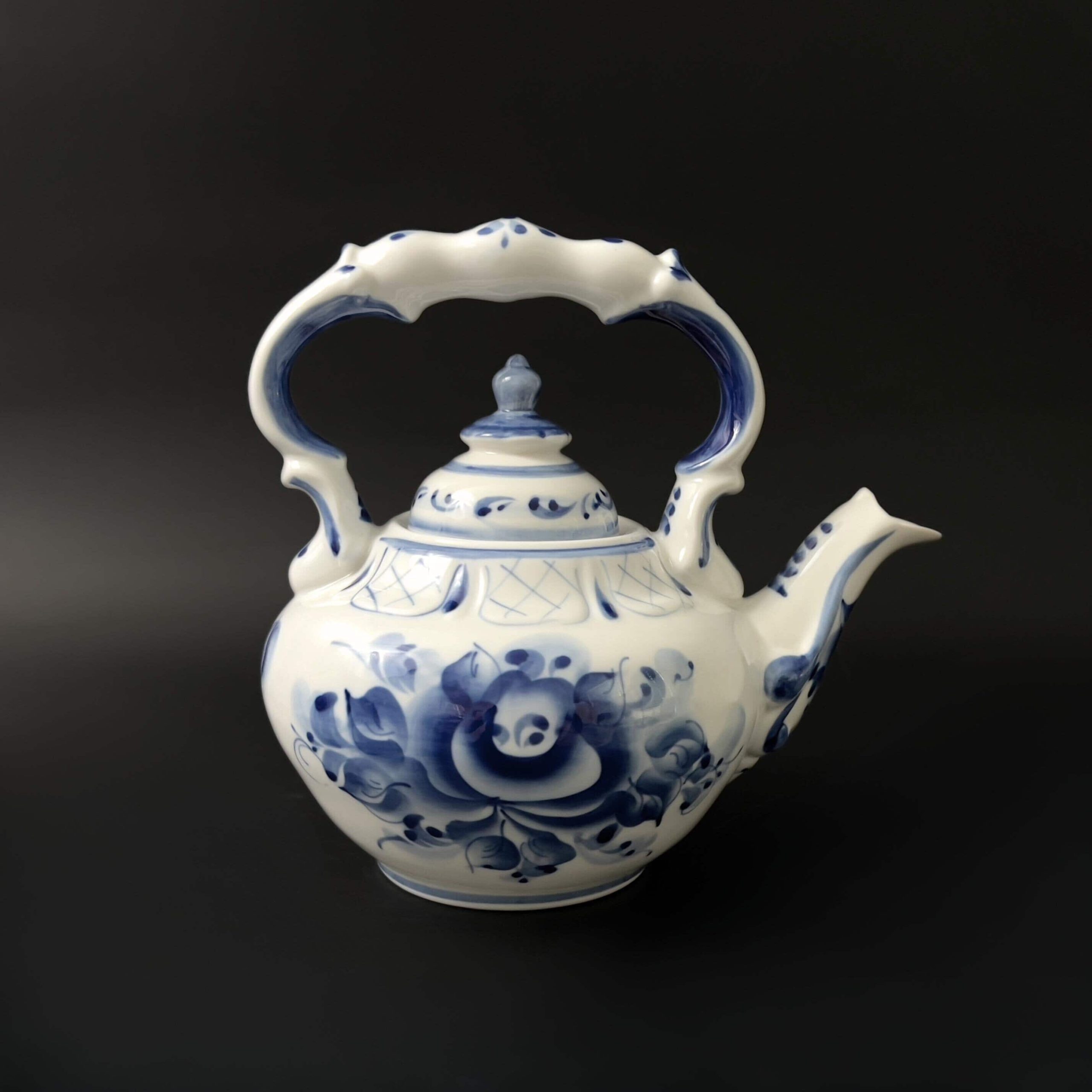 Vintage Gzhel Porcelain Teapot: Hand-Painted Cobalt Blue Rose, Signed