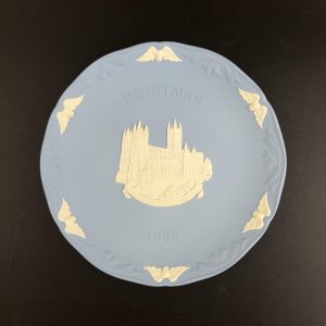 Vintage Wedgwood 1986 Christmas Plate: Blue Jasperware Canterbury Cathedral