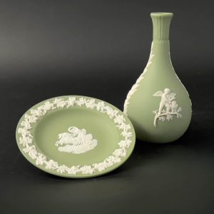 Vintage Wedgwood Jasperware Set: Sage Green Vase & Trinket Dish