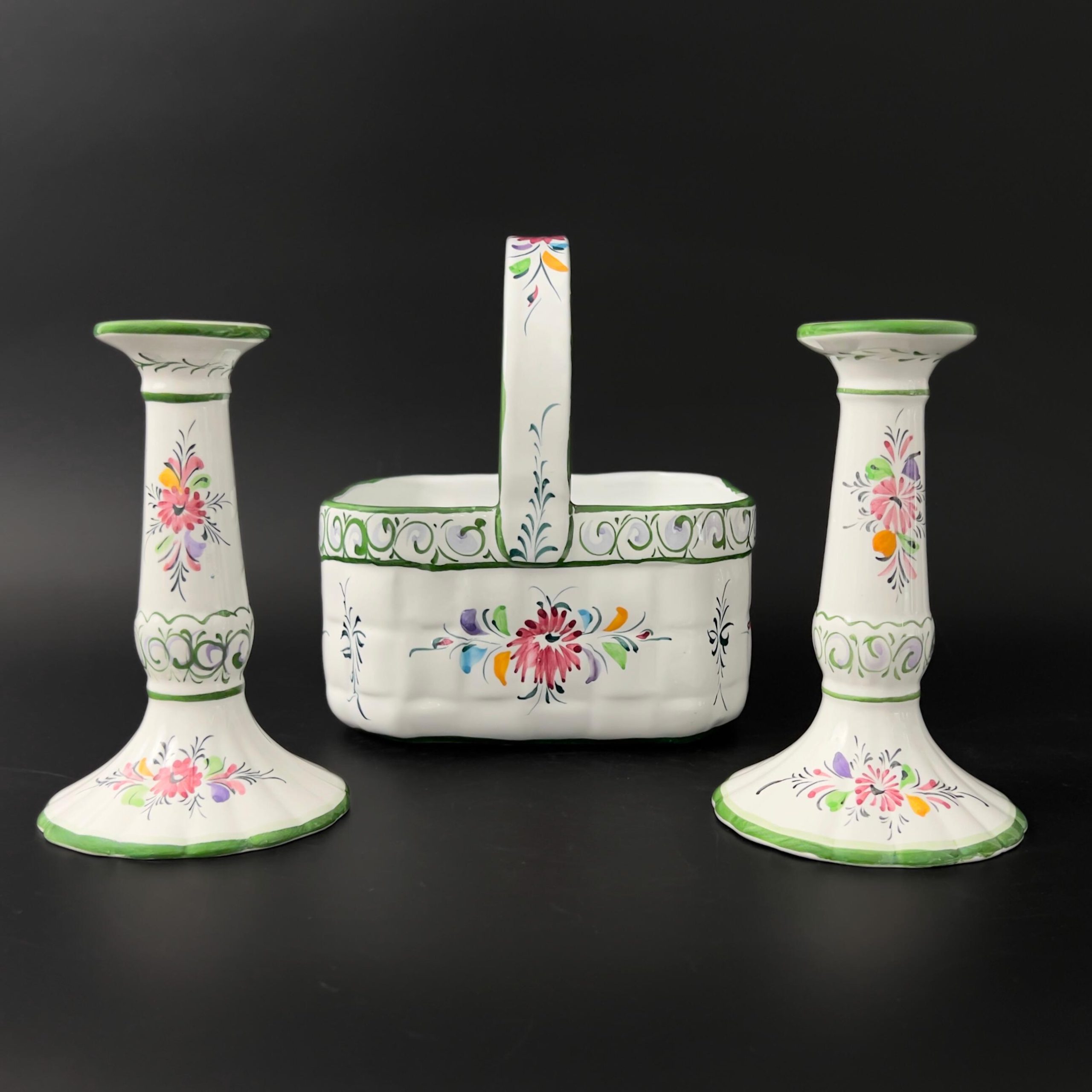 Vintage Portugal Pottery Set: Hand-Painted Floral Basket & Candlestick Holders - Image 5