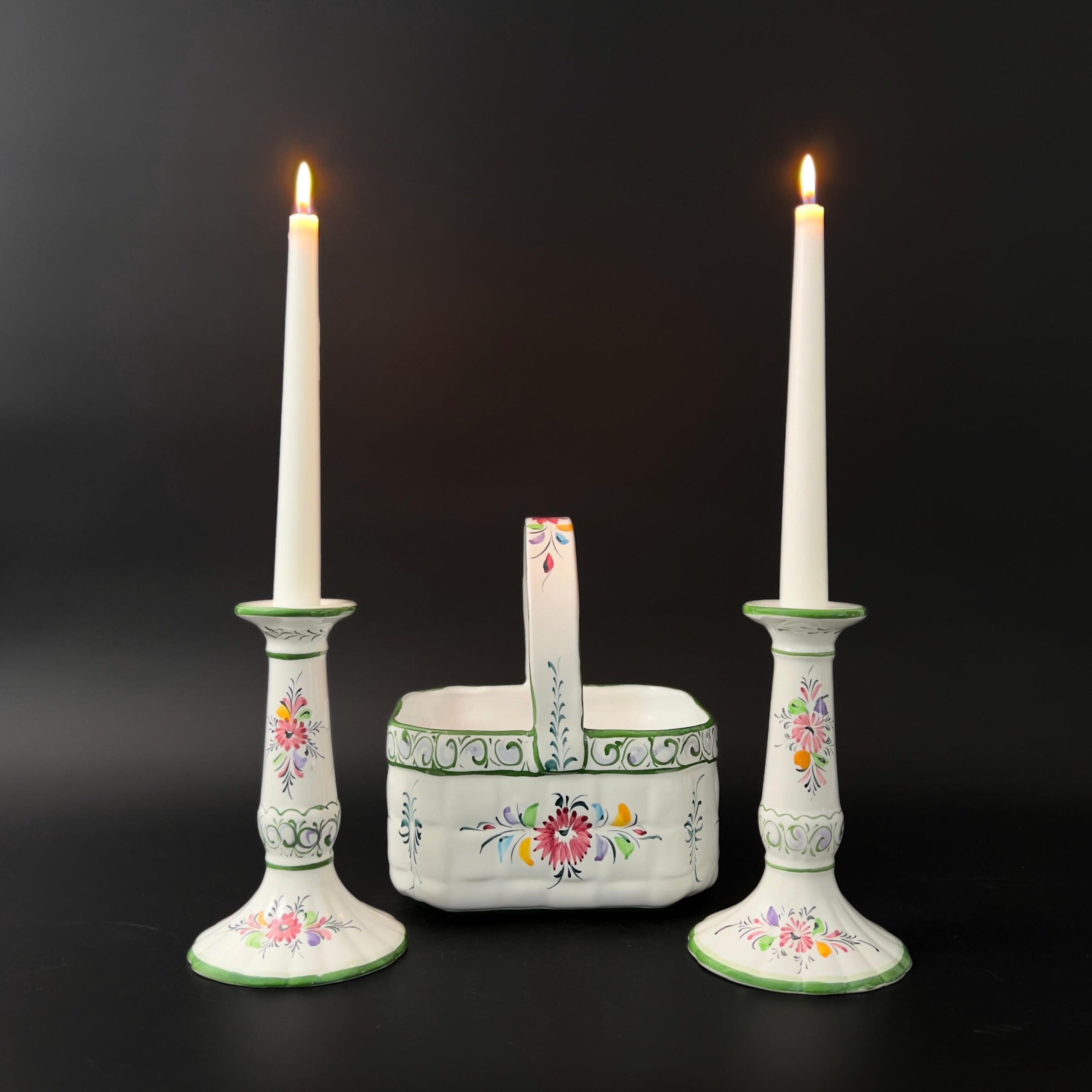 Vintage Portugal Pottery Set: Hand-Painted Floral Basket & Candlestick Holders - Image 3