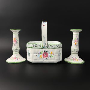 Vintage Portugal Pottery Set: Hand-Painted Floral Basket & Candlestick Holders