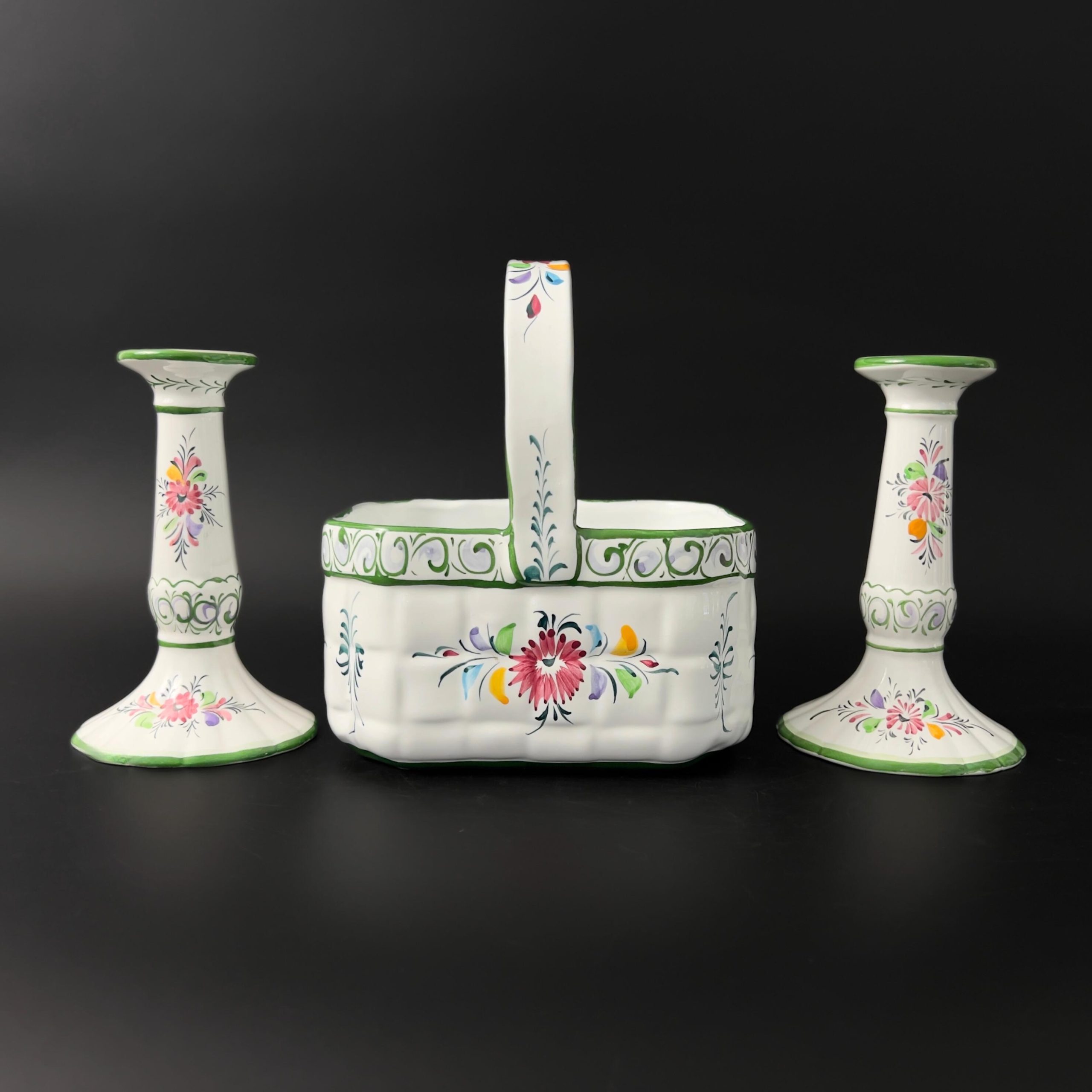 Vintage Portugal Pottery Set: Hand-Painted Floral Basket & Candlestick Holders