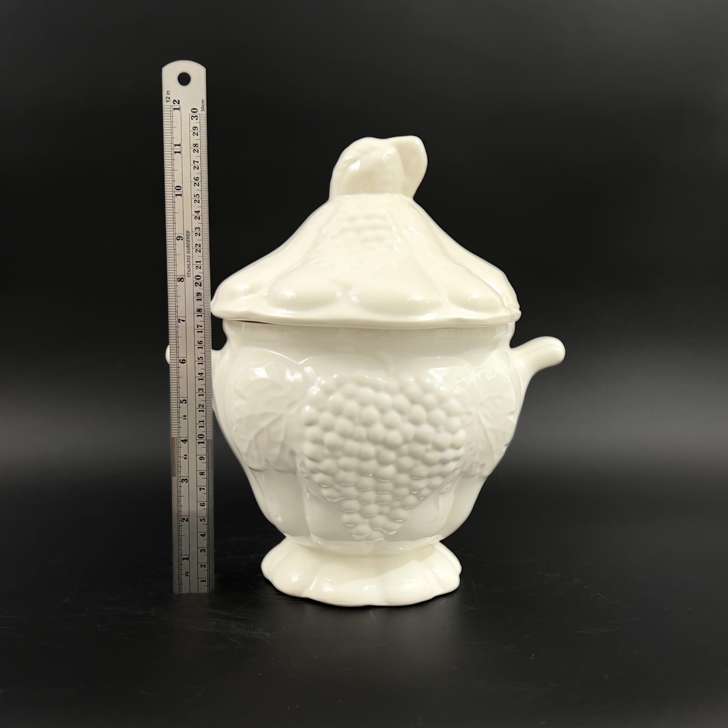 Vintage White Soup Tureen: Embossed Grape Design, 3 Quart Covered Tureen - Image 9