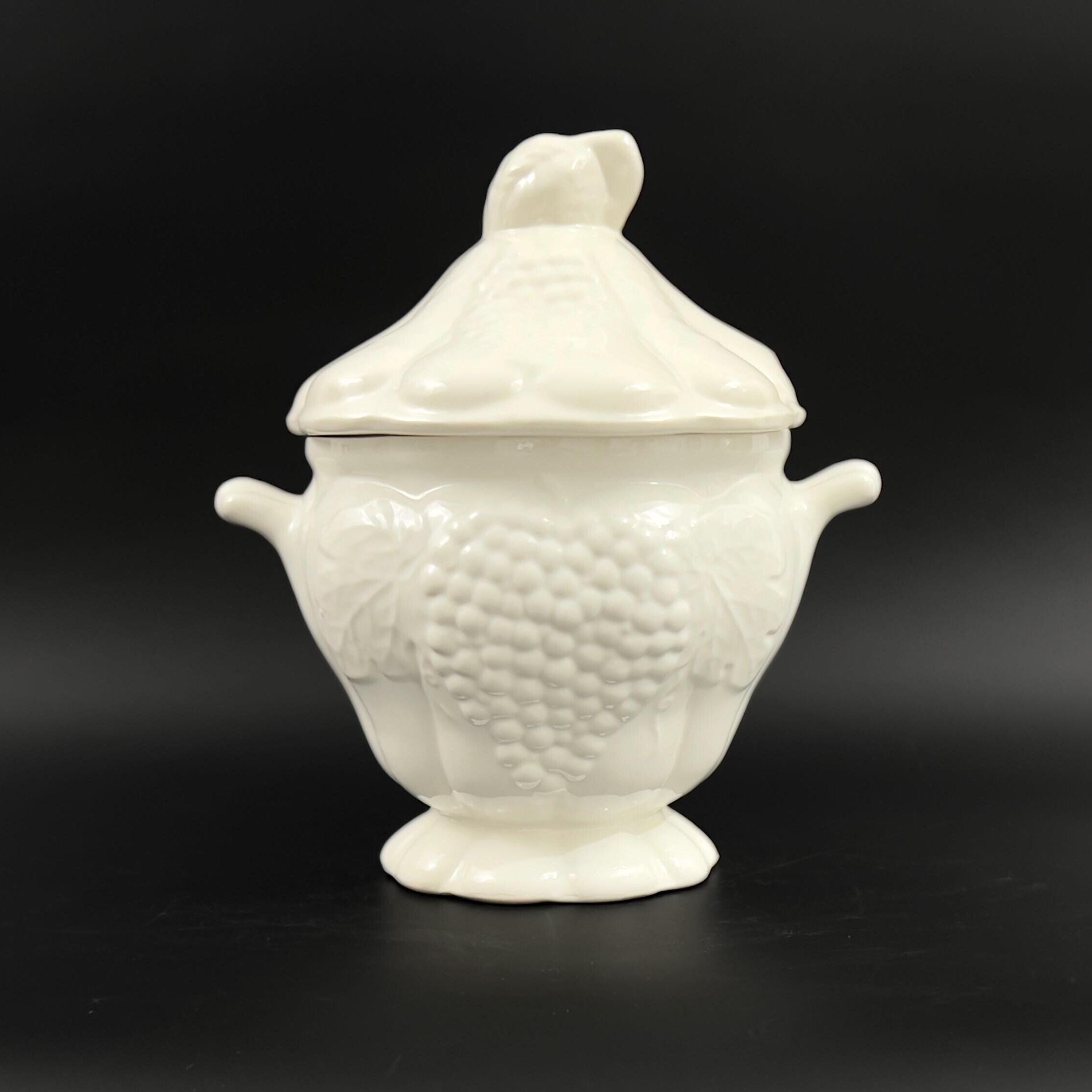 Vintage White Soup Tureen: Embossed Grape Design, 3 Quart Covered Tureen