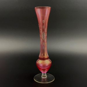 Midcentury Cranberry Glass Bud Vase: Floral Etched Vintage Decor (10 inch)