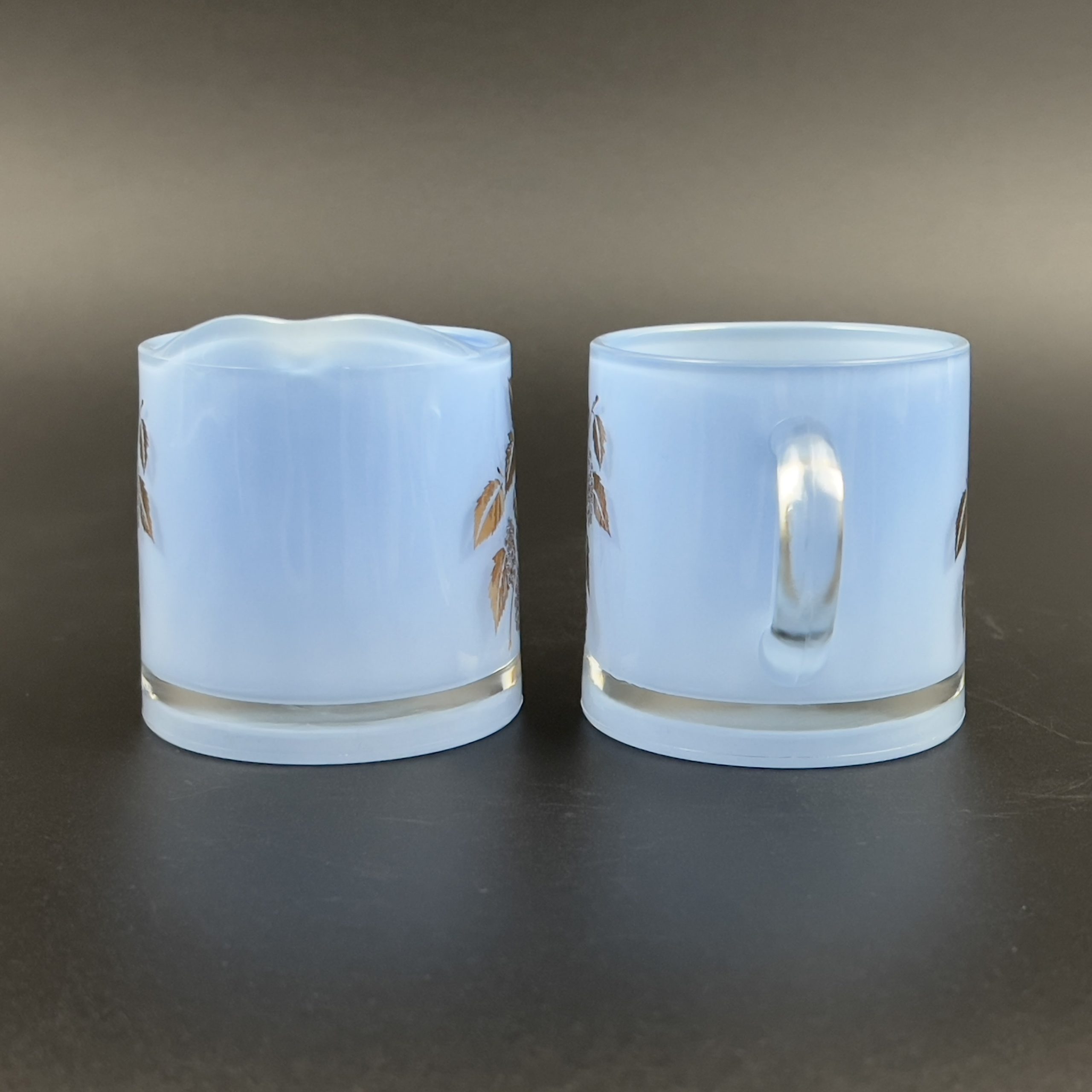 Vintage Bartlett Collins Blue Glass Sugar and Creamer Set: Gold Leaf Design - Image 7