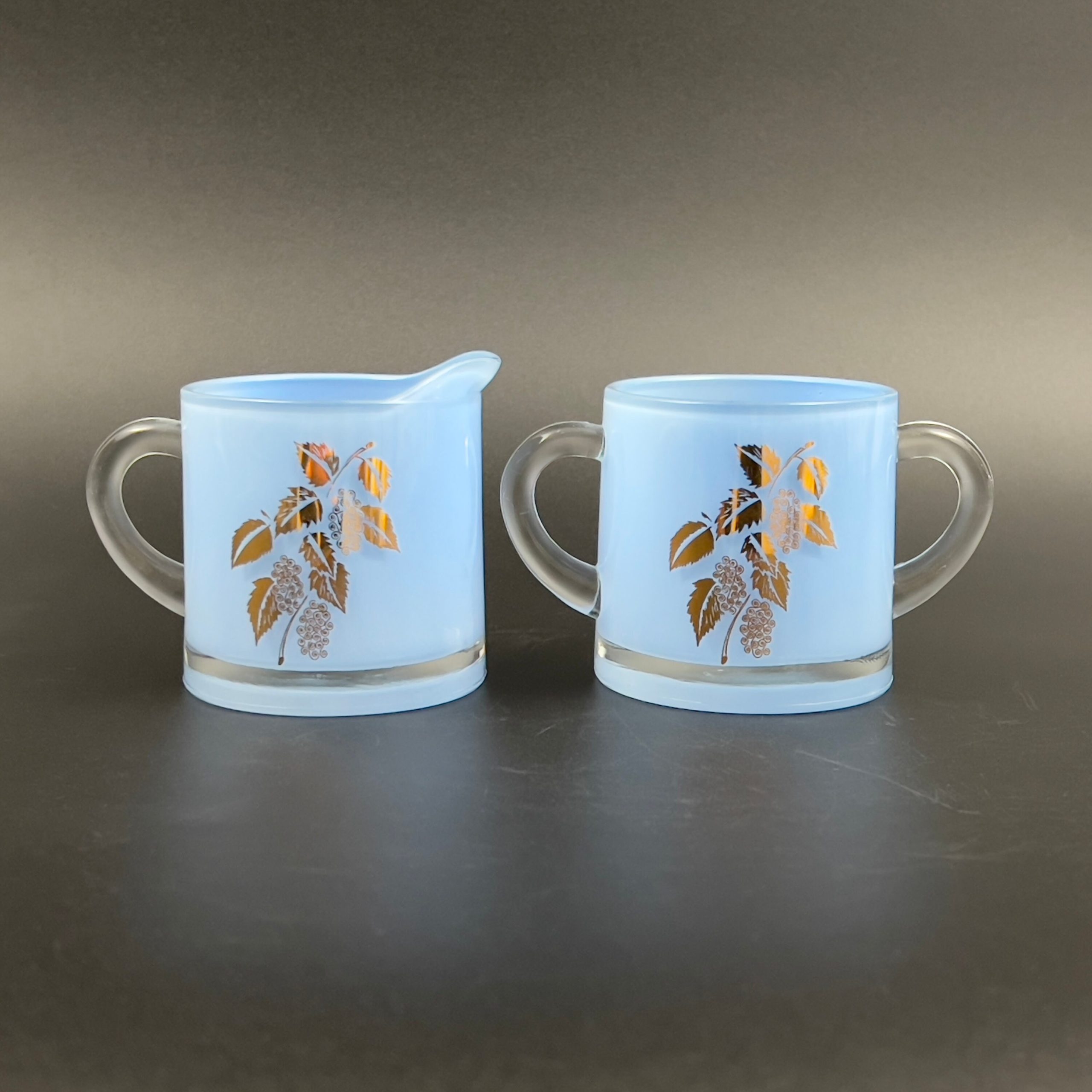 Vintage Bartlett Collins Blue Glass Sugar and Creamer Set: Gold Leaf Design - Image 4