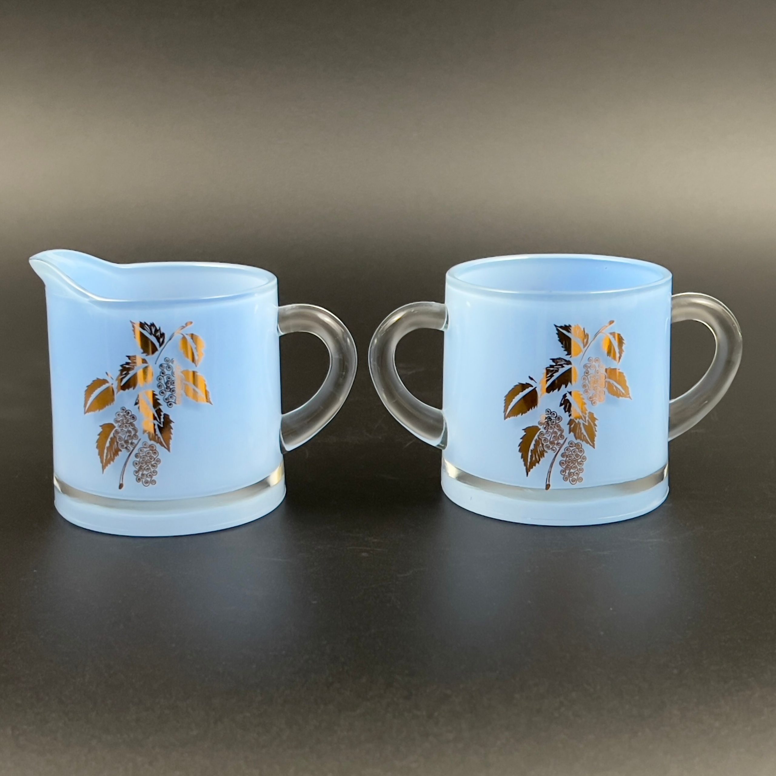 Vintage Bartlett Collins Blue Glass Sugar and Creamer Set: Gold Leaf Design - Image 5