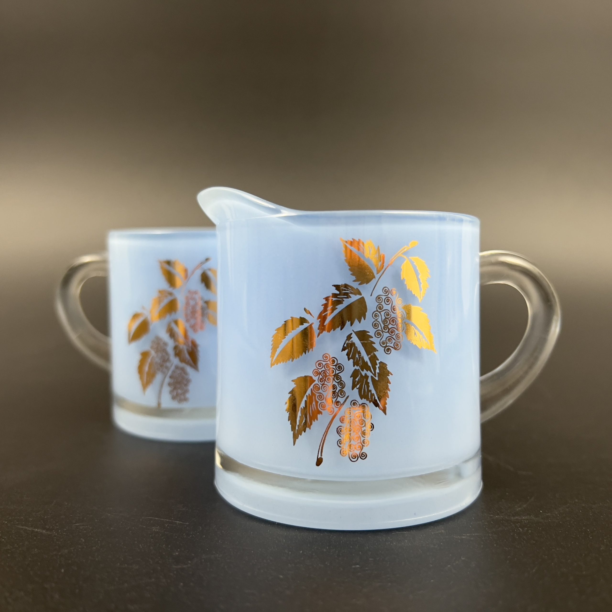 Vintage Bartlett Collins Blue Glass Sugar and Creamer Set: Gold Leaf Design - Image 3