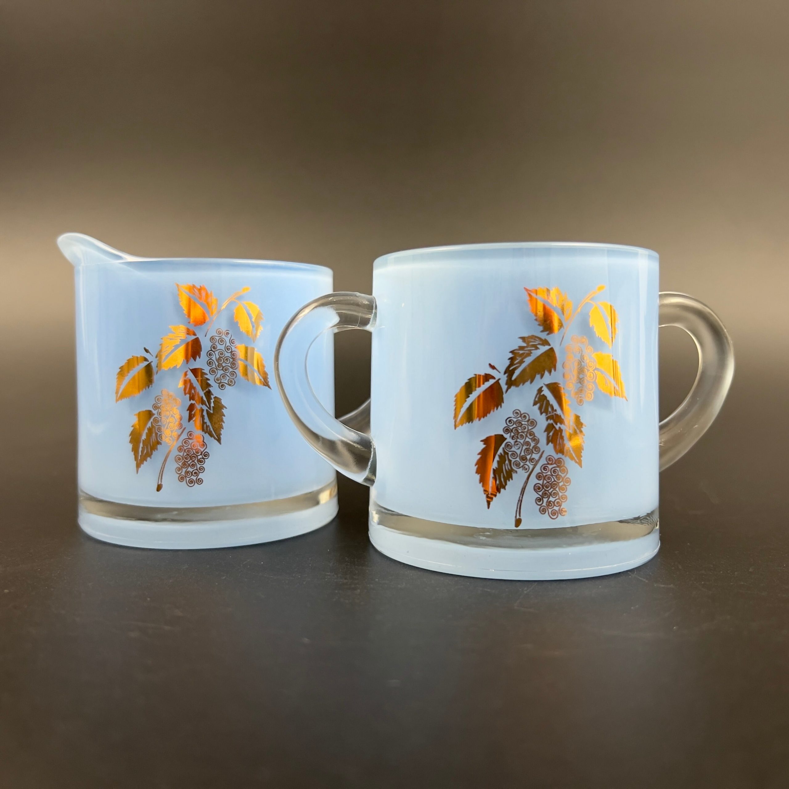 Vintage Bartlett Collins Blue Glass Sugar and Creamer Set: Gold Leaf Design