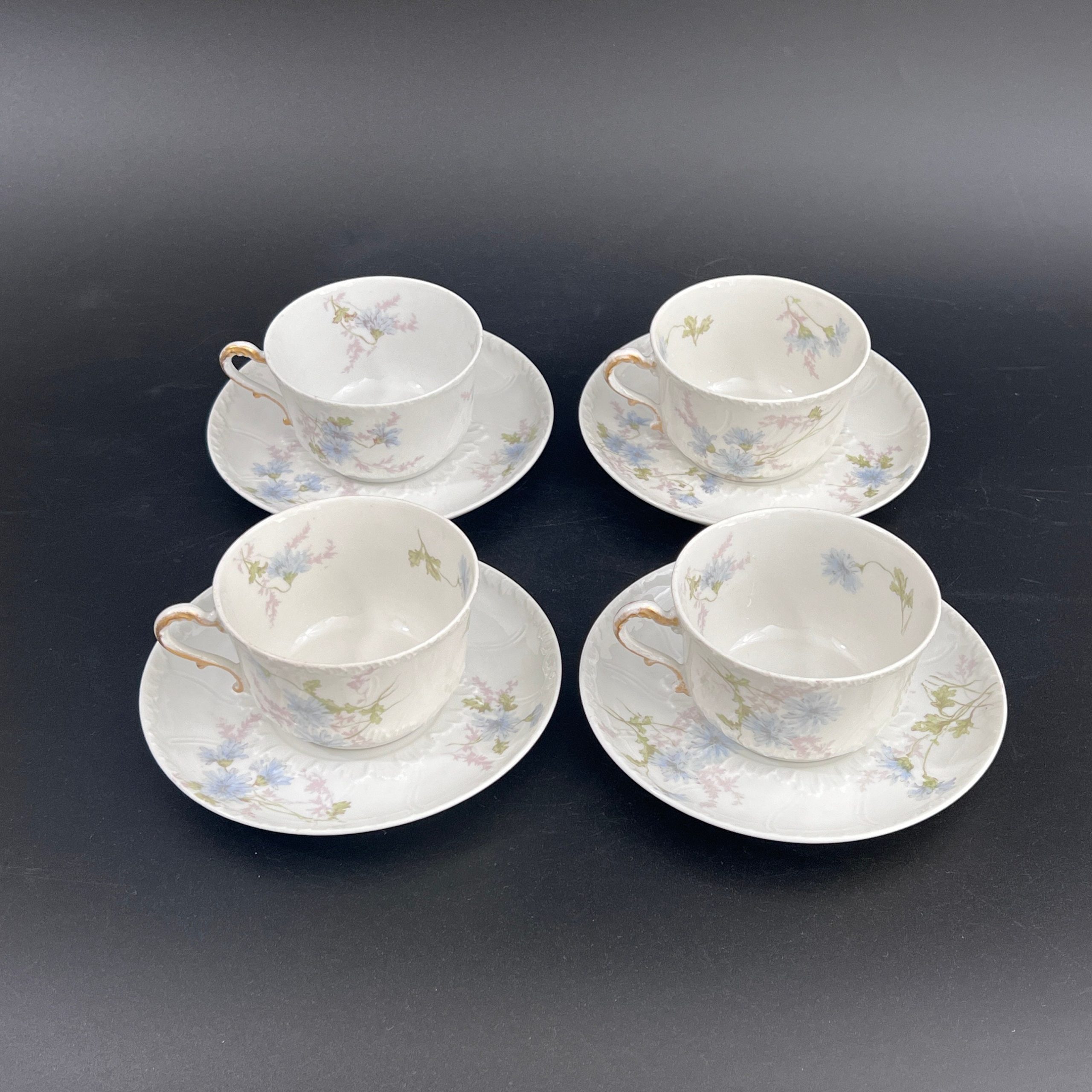 Antique Haviland Limoges Teacups & Saucers: Floral Schleiger 378b Pattern, Set of 4 - Image 3