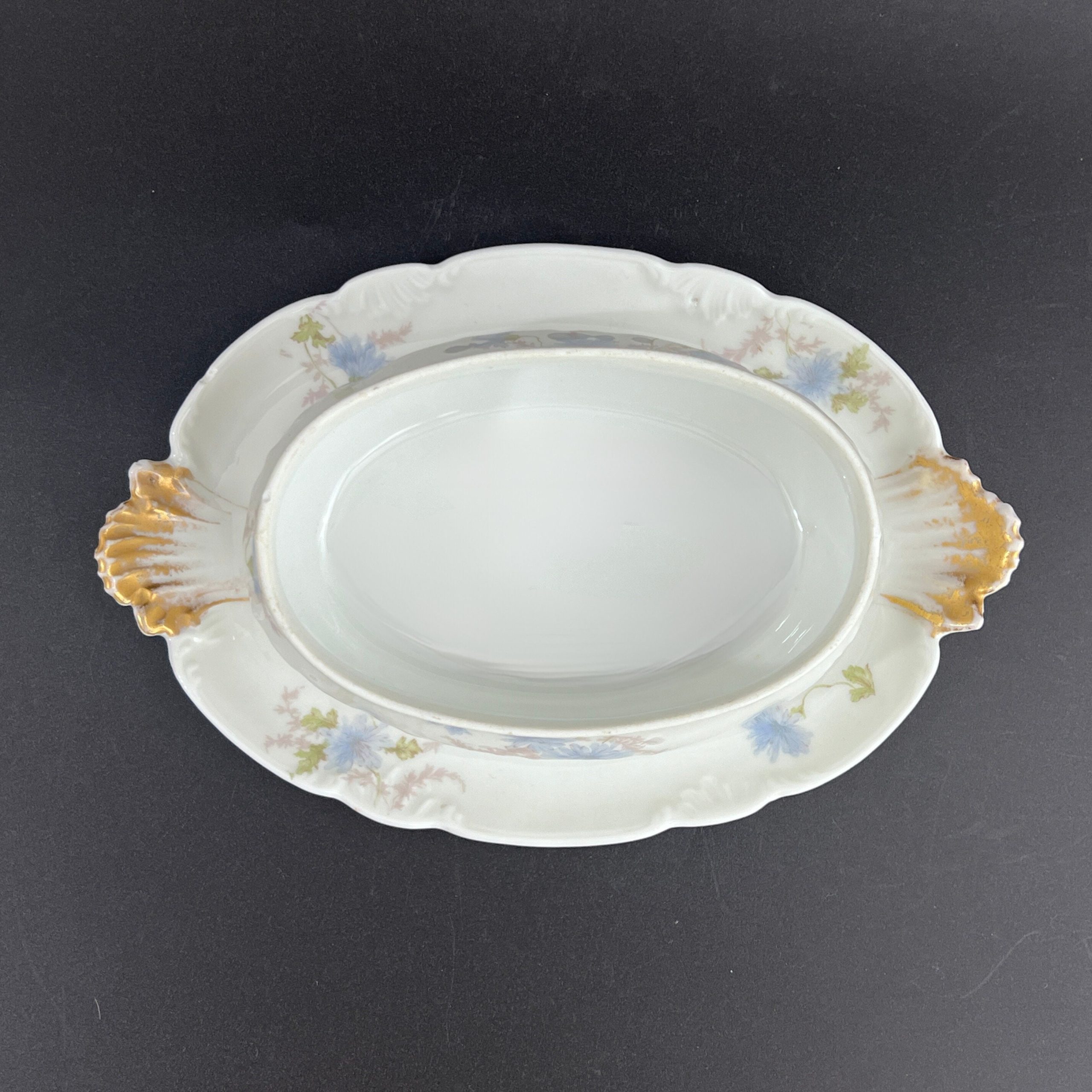 Antique Haviland Limoges Gravy Boat with Lid: Blue Floral, Gilt Accent, 1900s - Image 7