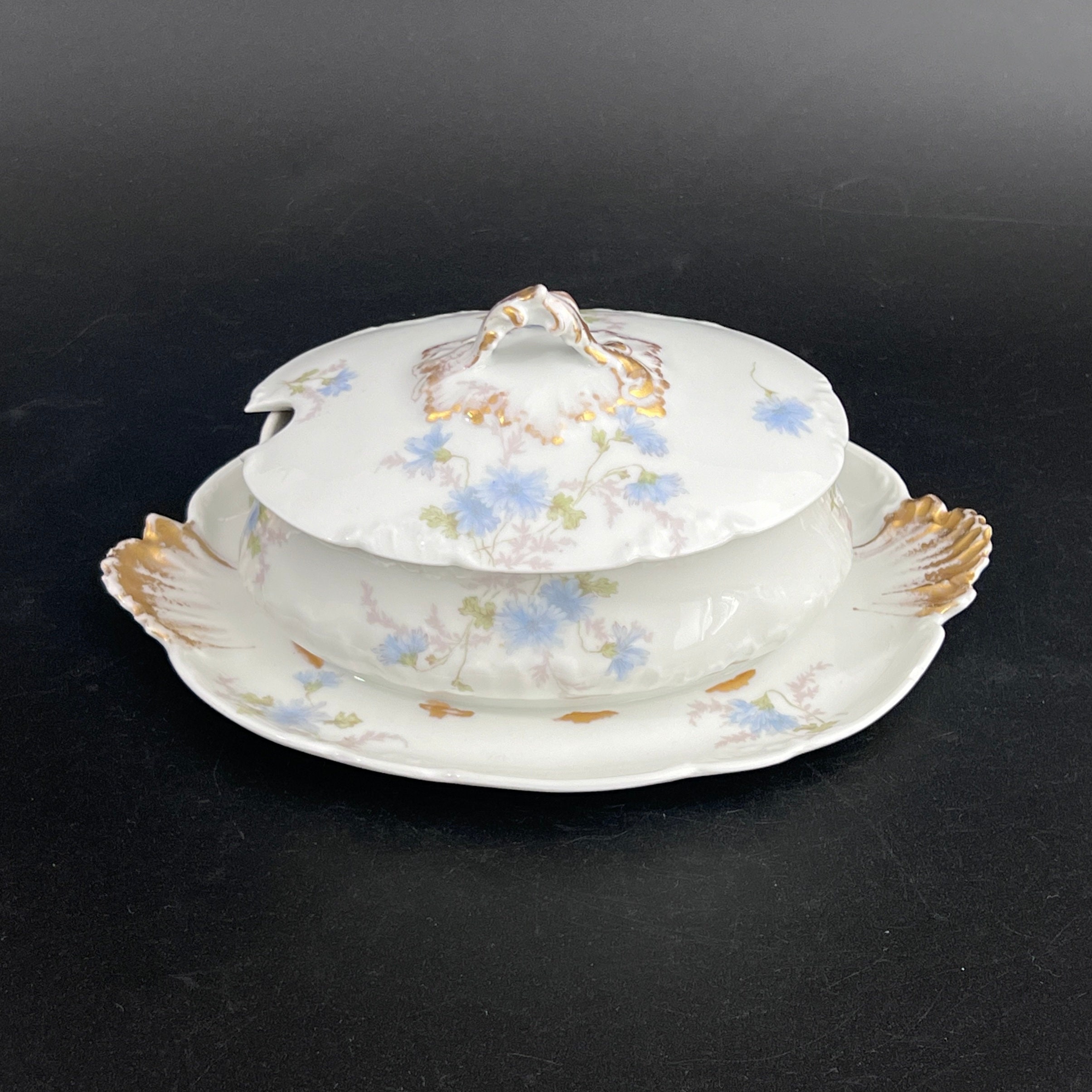 Antique Haviland Limoges Gravy Boat with Lid: Blue Floral, Gilt Accent, 1900s