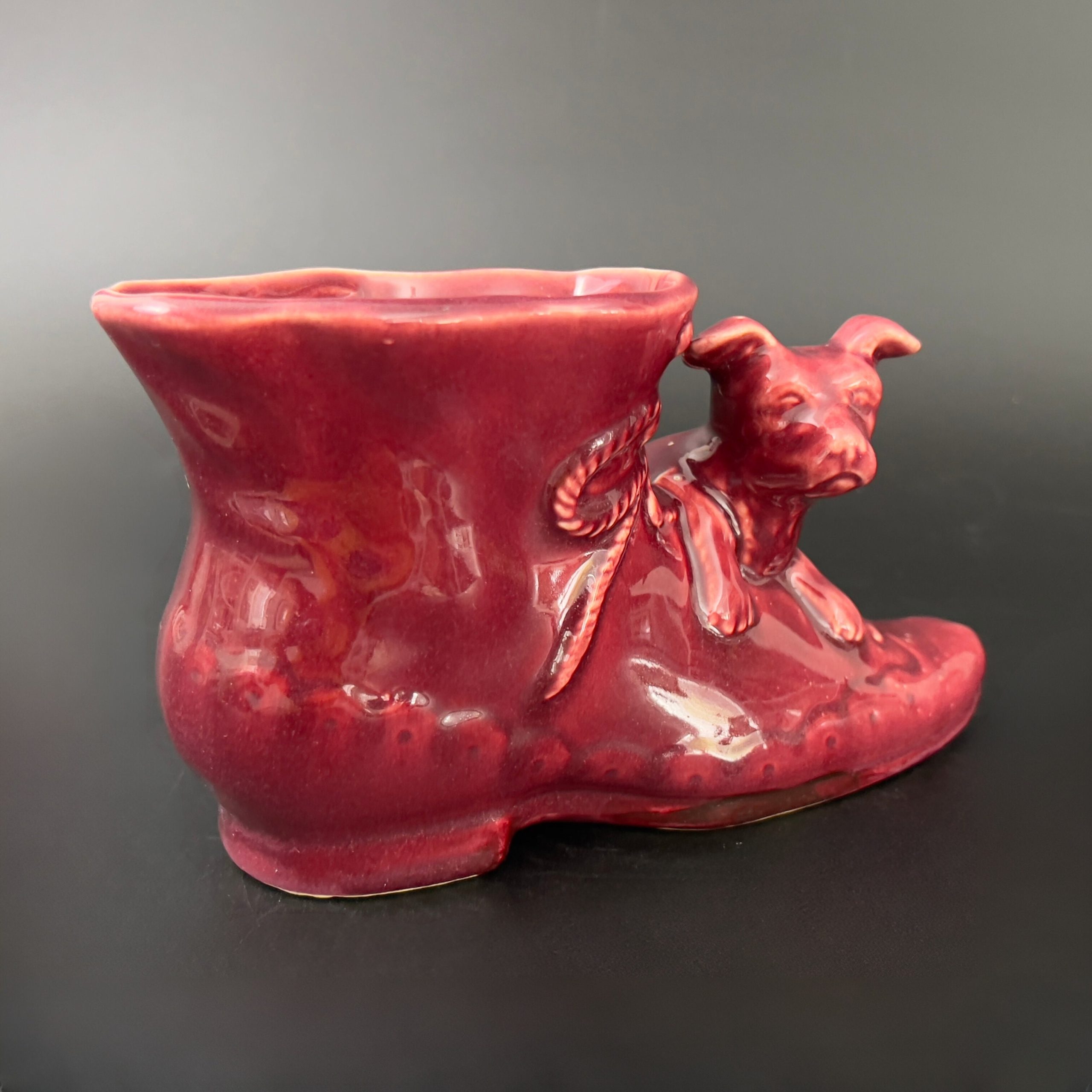 Vintage Shawnee Red Ceramic Boot Planter with Puppy, USA Pottery - Image 6