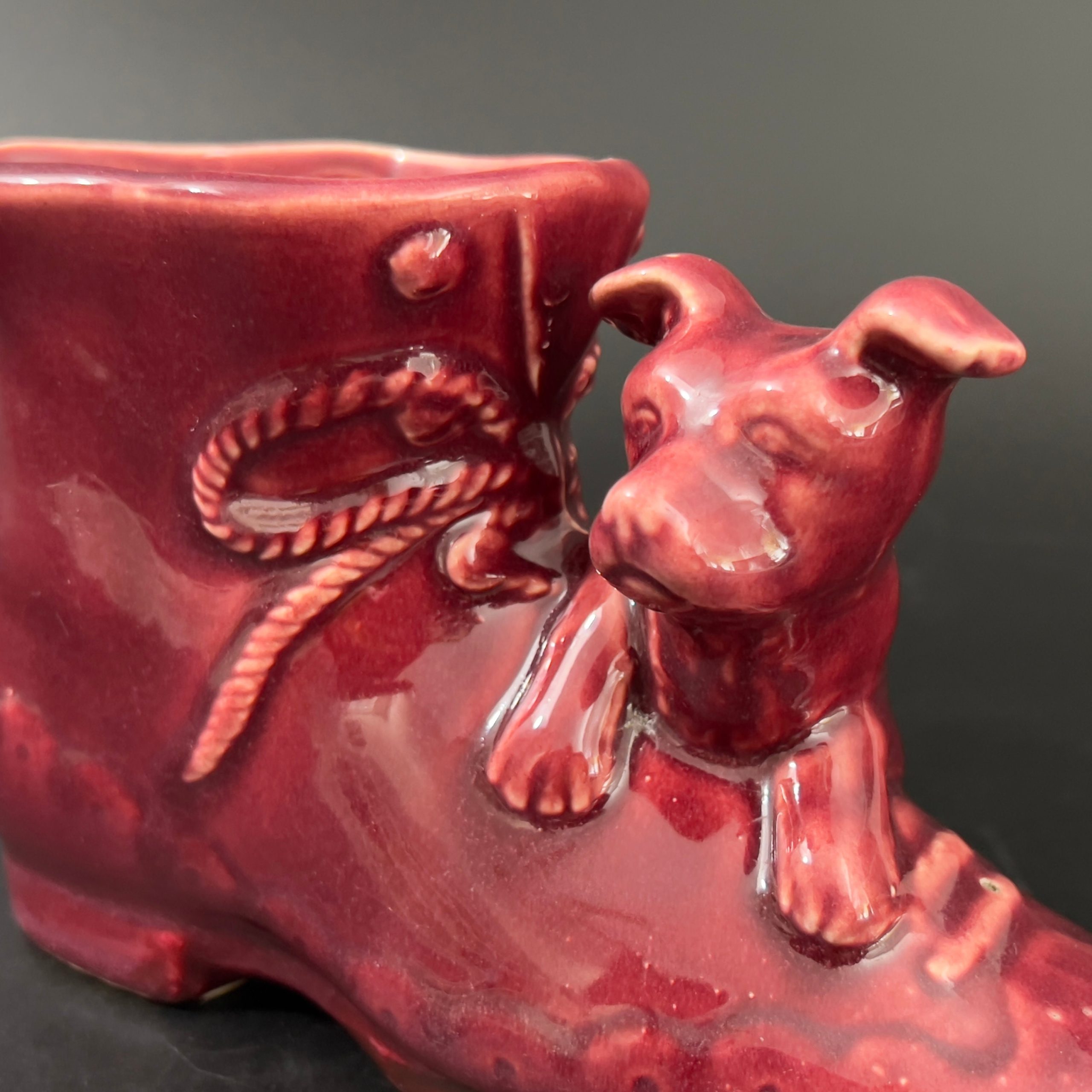 Vintage Shawnee Red Ceramic Boot Planter with Puppy, USA Pottery - Image 7