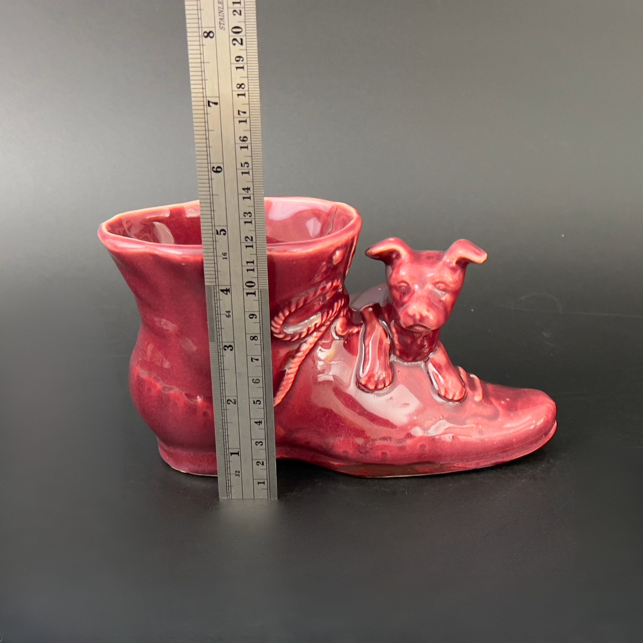 Vintage Shawnee Red Ceramic Boot Planter with Puppy, USA Pottery - Image 9