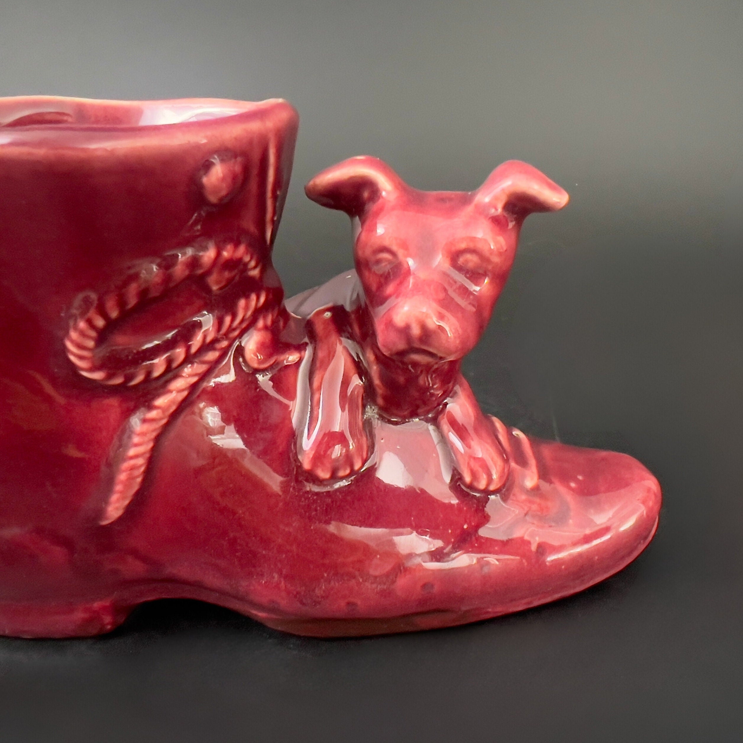 Vintage Shawnee Red Ceramic Boot Planter with Puppy, USA Pottery - Image 5