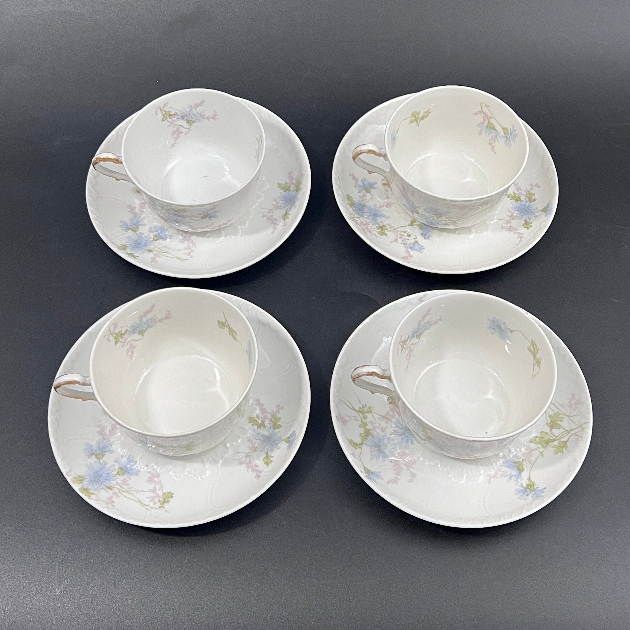 Antique Haviland Limoges Teacups & Saucers: Floral Schleiger 378b Pattern, Set of 4 - Image 4