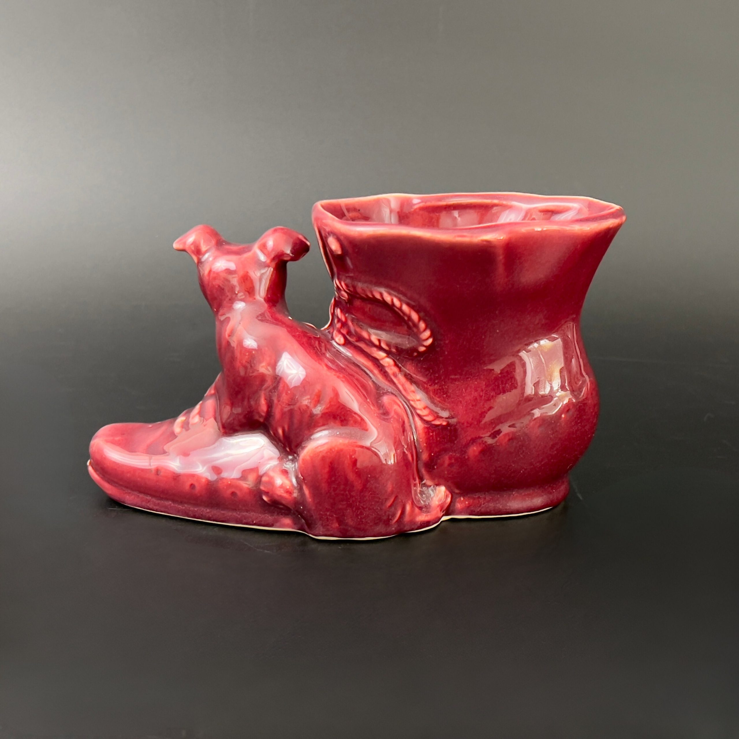 Vintage Shawnee Red Ceramic Boot Planter with Puppy, USA Pottery - Image 8