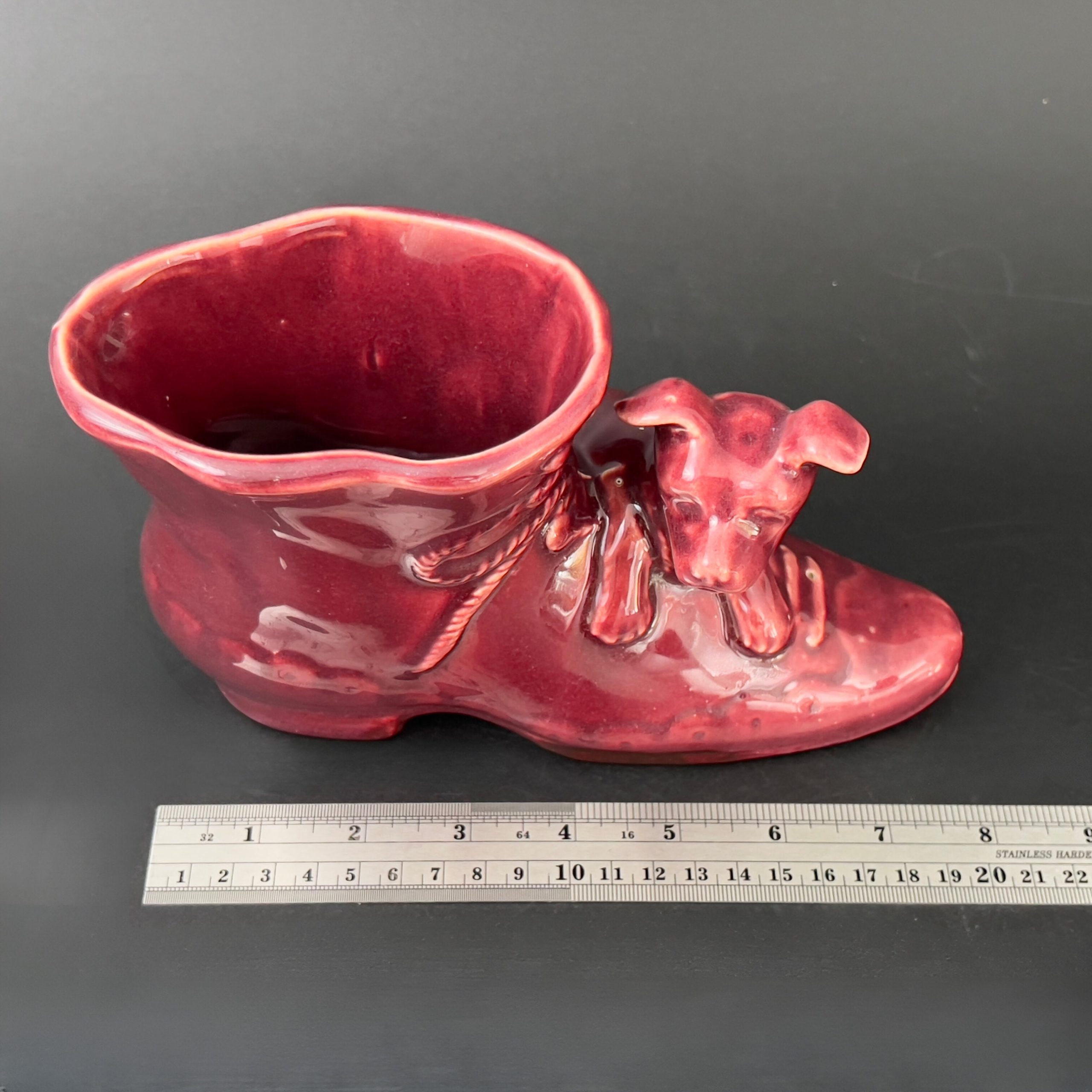 Vintage Shawnee Red Ceramic Boot Planter with Puppy, USA Pottery - Image 10