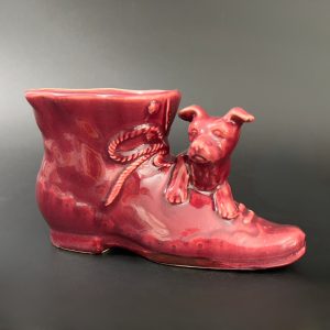 Vintage Shawnee Red Ceramic Boot Planter with Puppy, USA Pottery