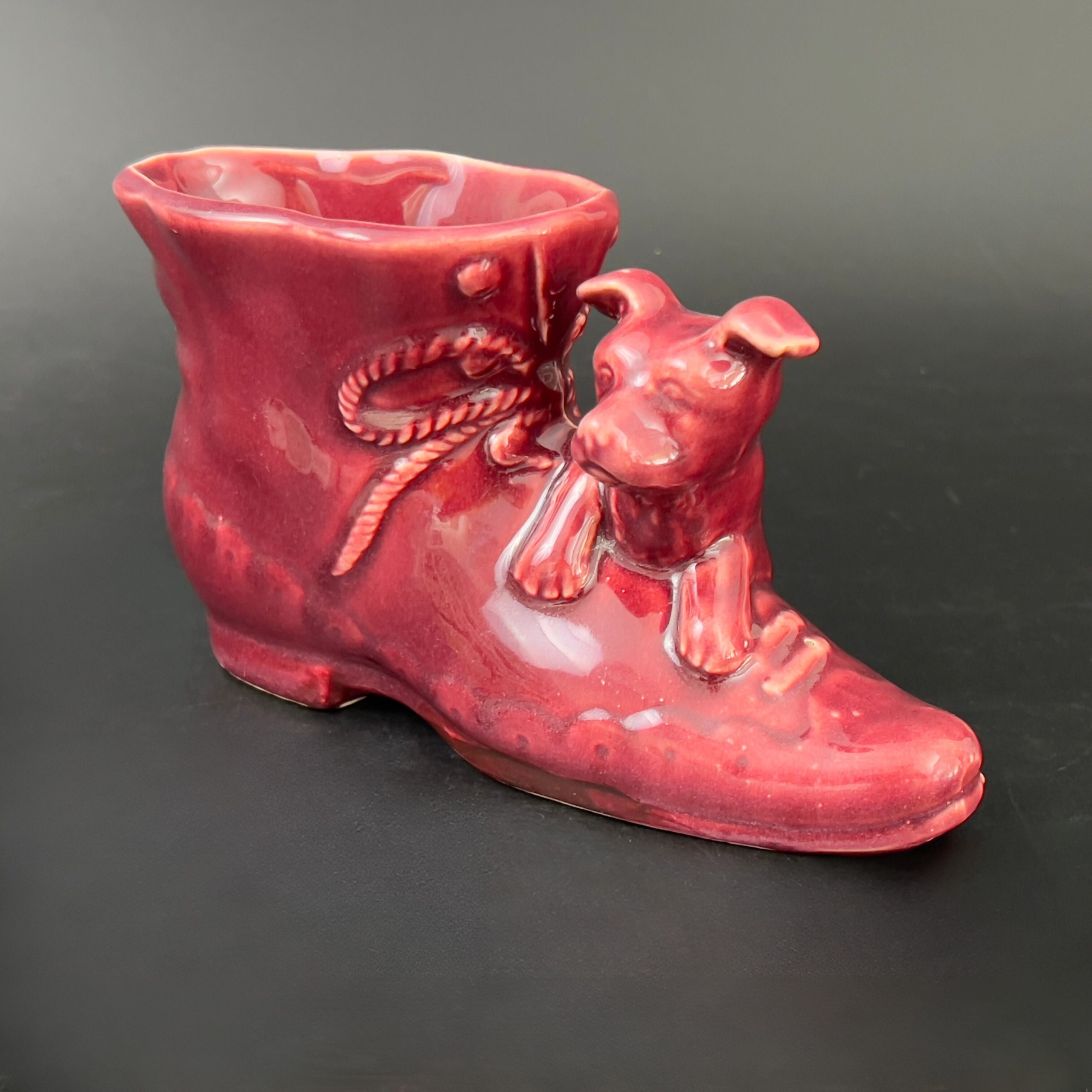 Vintage Shawnee Red Ceramic Boot Planter with Puppy, USA Pottery - Image 3