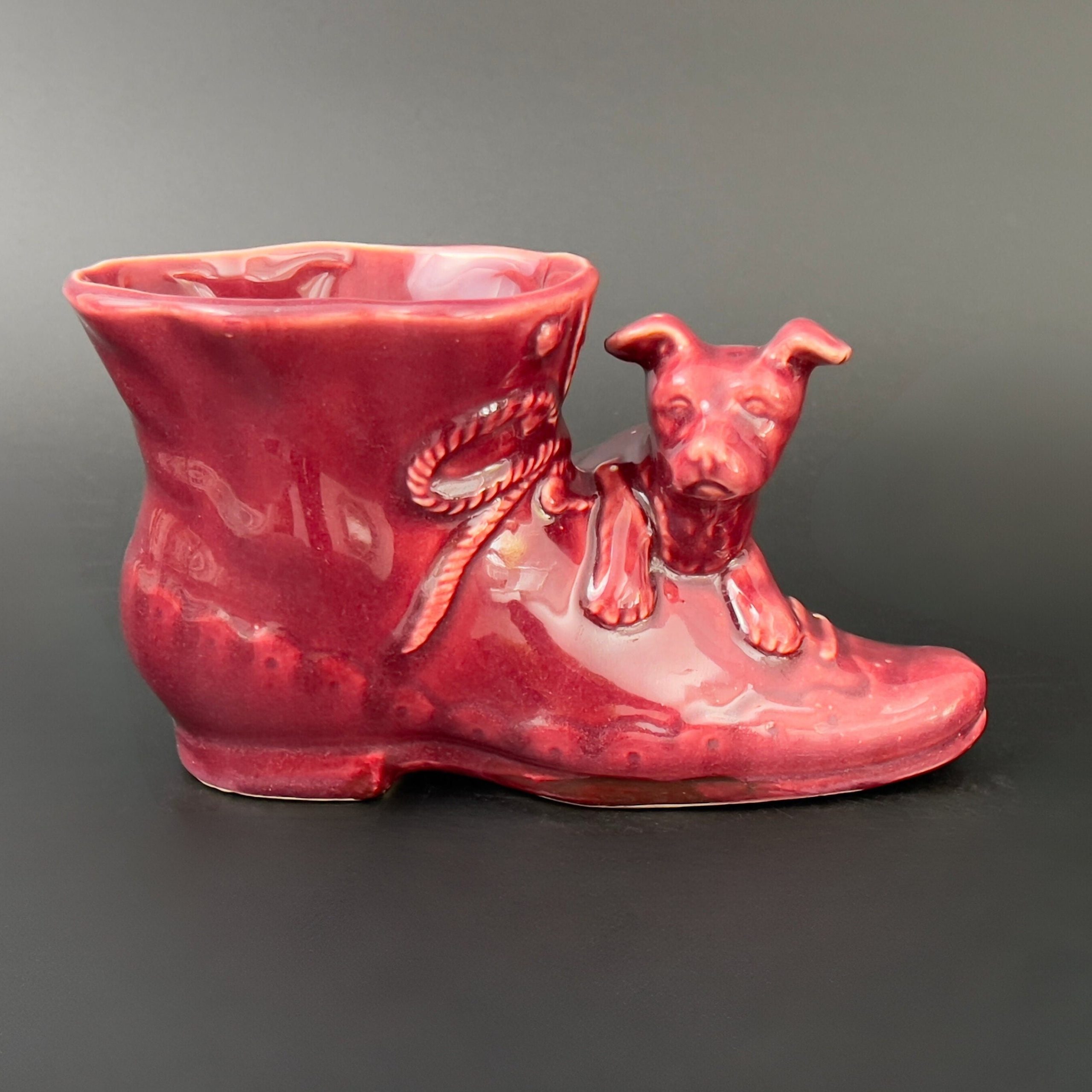 Vintage Shawnee Red Ceramic Boot Planter with Puppy, USA Pottery - Image 4